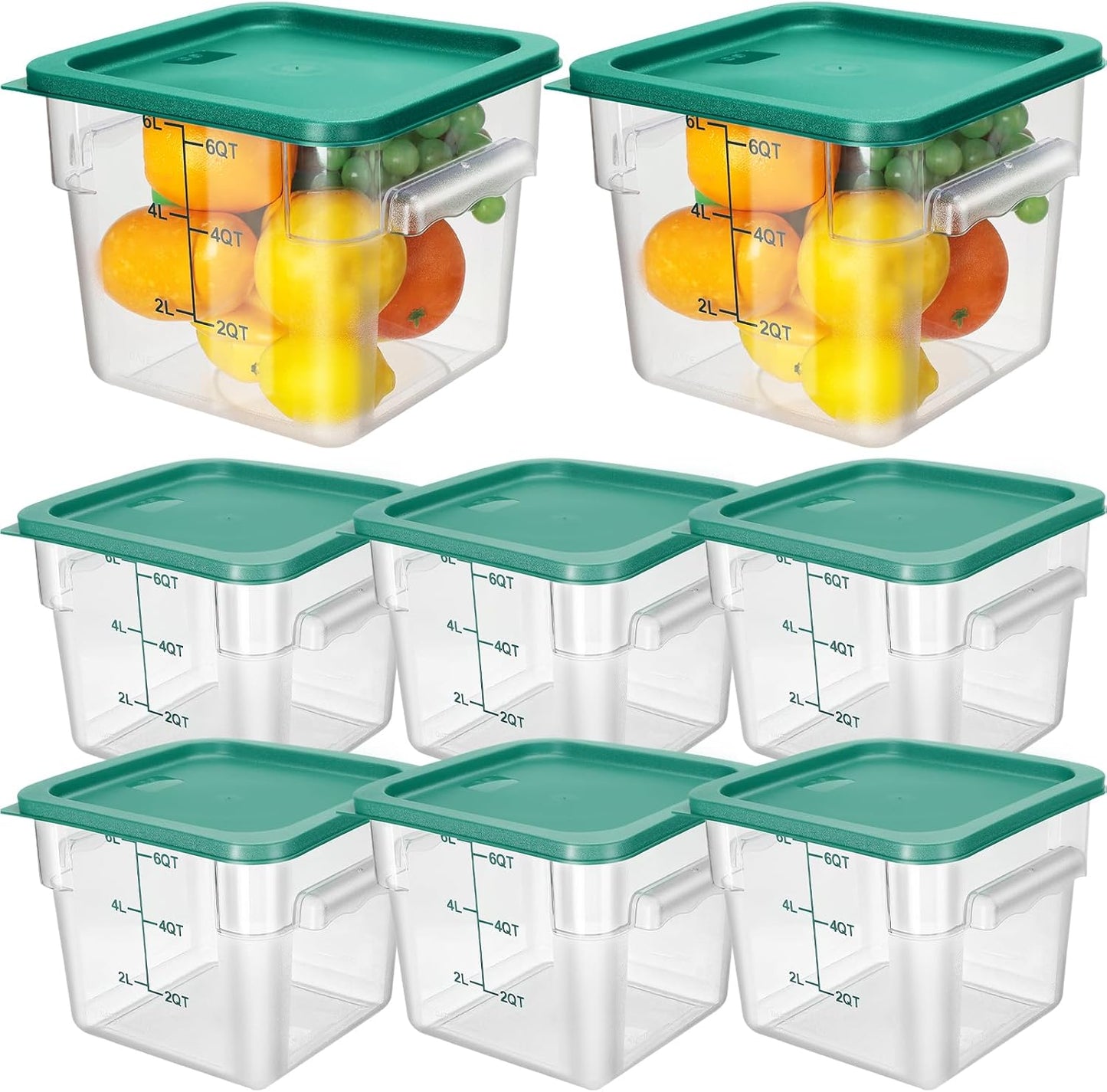 Lallisa 8 Pack 6 Qt Commercial Food Storage Containers with Lids Square Food Storage Container Clear Cereal Storage Containers for Kitchen Freezer Pantry Restaurant Flour Sugar(Green Lids)