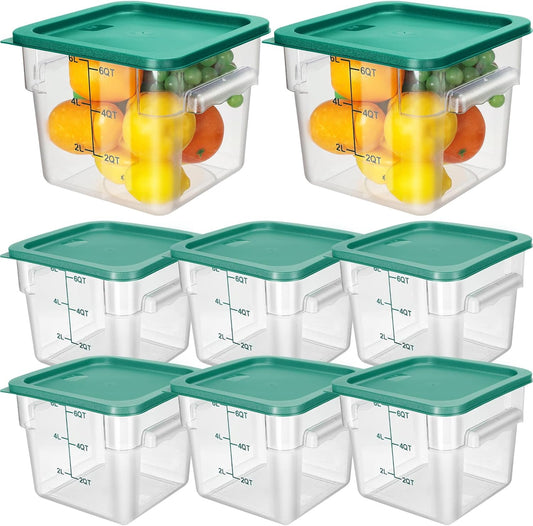 Lallisa 8 Pack 6 Qt Commercial Food Storage Containers with Lids Square Food Storage Container Clear Cereal Storage Containers for Kitchen Freezer Pantry Restaurant Flour Sugar(Green Lids)