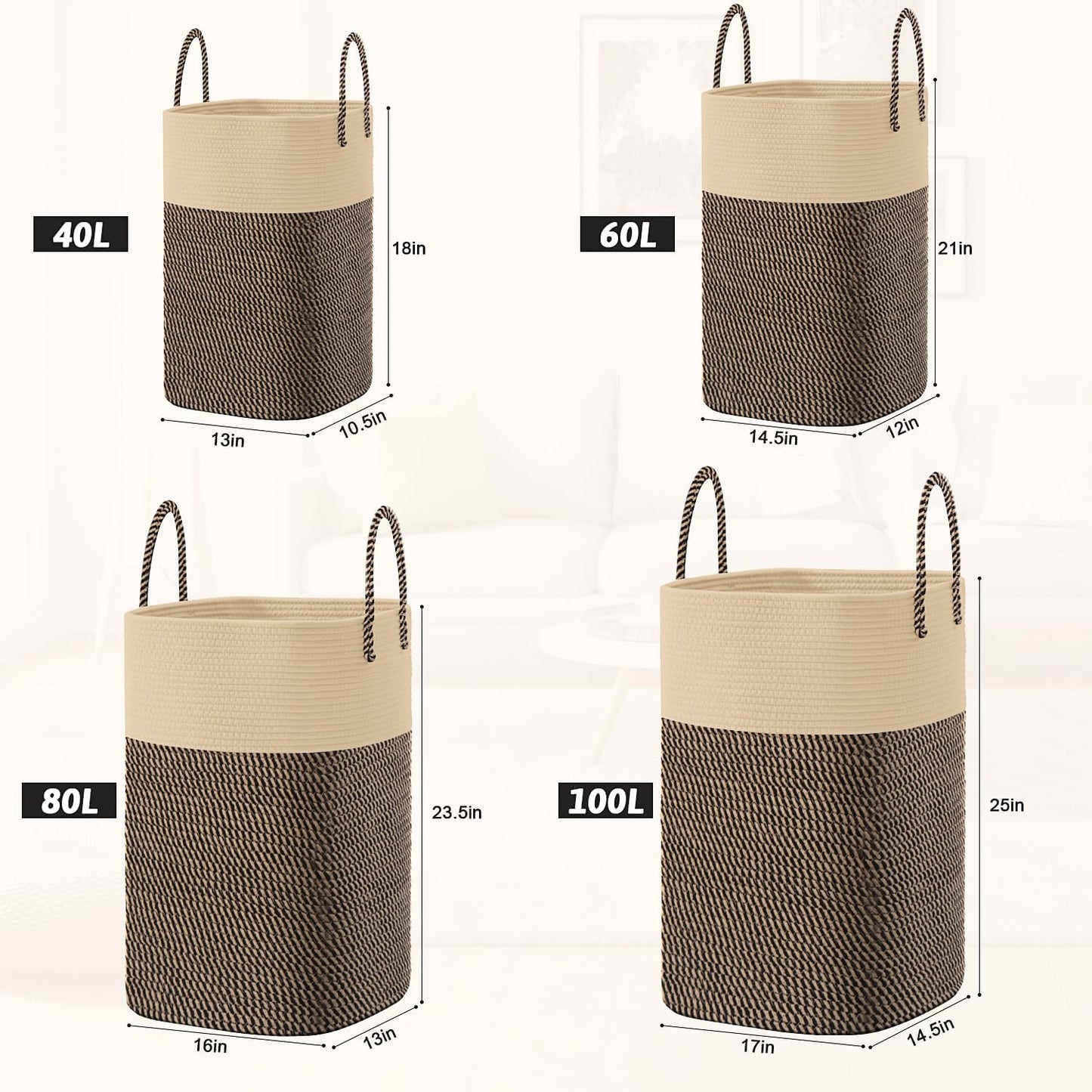 Laundry Basket,Woven Cotton Rope Laundry Hamper,Versatile Storage for Dirty Clothes,Baby Toys,and Blankets in Bathroom, Nursery,and Living Room (Jute, 80L)