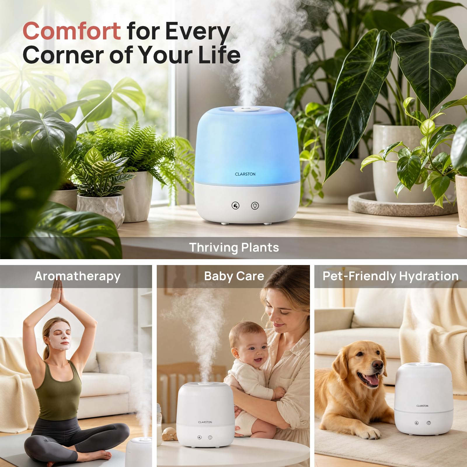 Clarston Humidifiers for Bedroom, 2L Cool Mist Humidifier, 24dB Quiet Sleep
