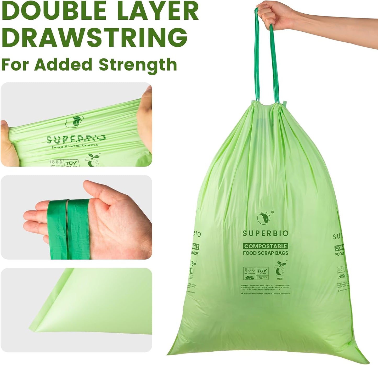 SUPERBIO 13 Gallon Compostable Drawstring Kitchen Waste Bag, 49.2 Liter, 30 Count,1 Mil, Heavy Duty Food Scrap Bags, BPI, Seedling and OK compost INDUSTRIAL