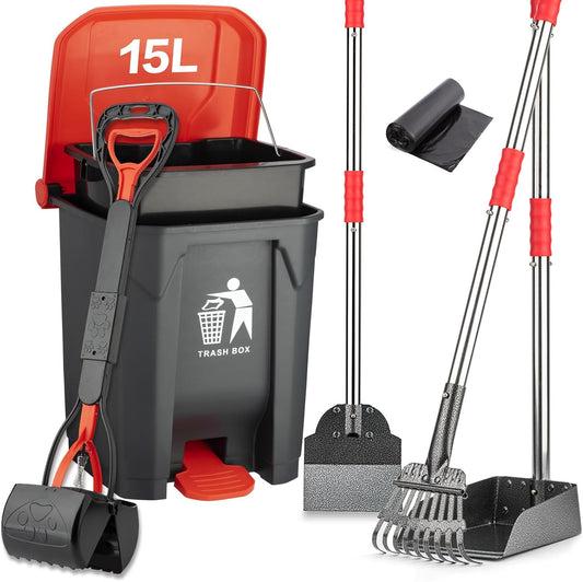 Pooper Scooper Set,Dog Poop Tray and Rake Set for Large & Small Dogs Dog Pooper Scooper 15 Litre Step Dog Poop Trash Can Outside W/Removable Inner Bucket with 20 Waste Bags