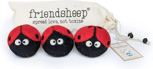 Friendsheep Wool Dryer Balls, Organic Reusable Fabric Softener Alternative for Laundry, Handmade, Fair Trade, Hypoallergenic, Eco-Friendly, Plastic-Free (3 Pack XL – Ladybug)