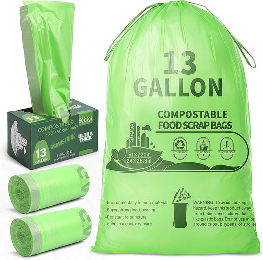 Amyhill 100 Count Compostable Kitchen Trash Bags 13 Gallon Compostable Drawstring Kitchen Waste Garbage Bags 49.2 Liter, 1.575 Mil for Bathroom Home Bedroom Office Garbage