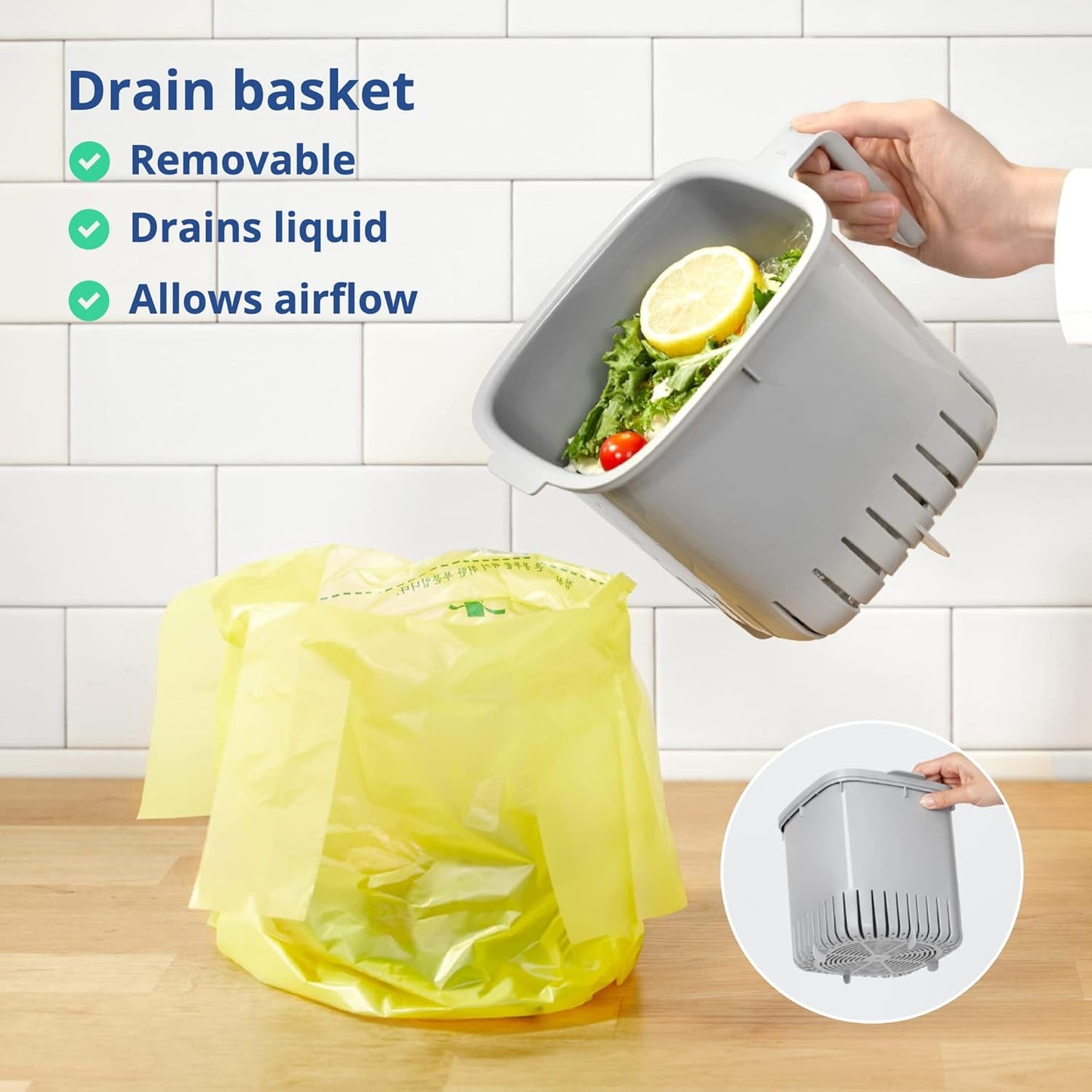 Blue Ginkgo Kitchen Compost Bin [2.6L / 0.69 GAL] – Filter-Free, Odor-Tight Countertop Food Waste Pail with Handles (Made in Korea, White)