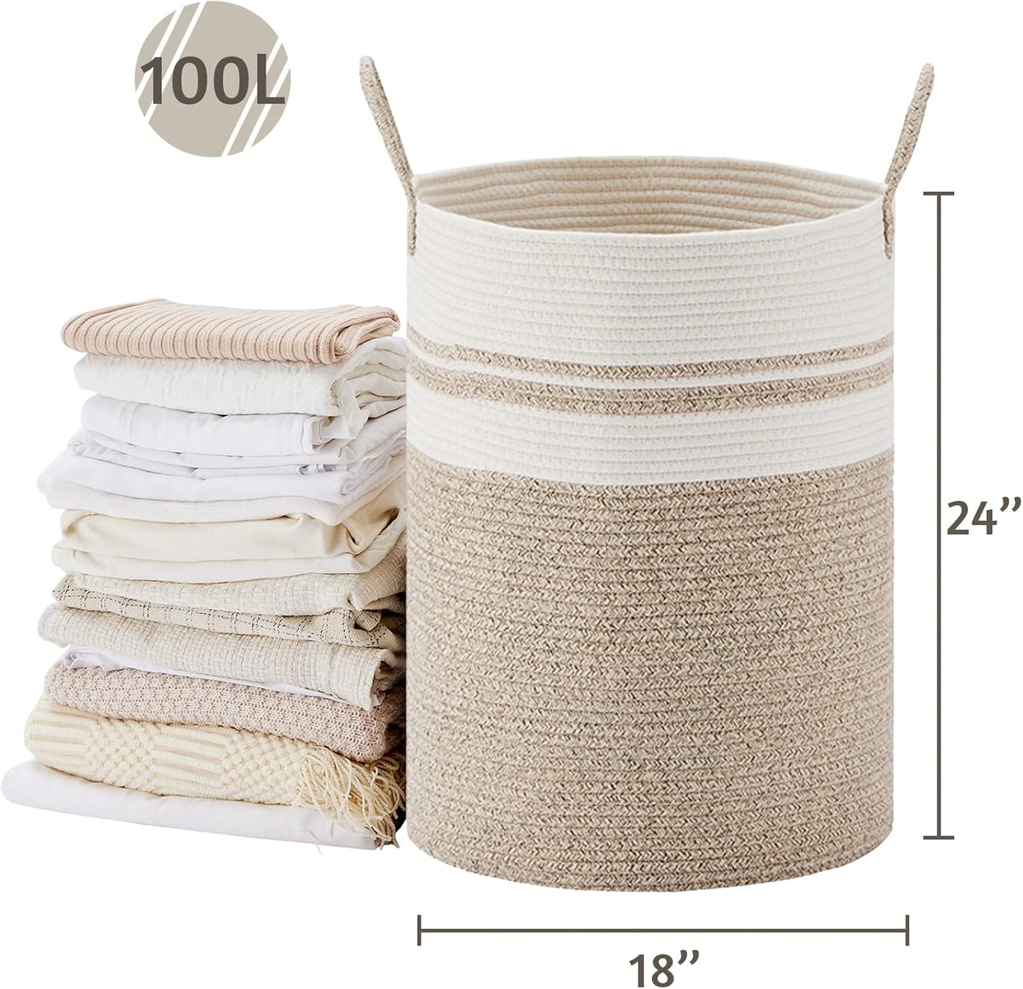 VIPOSCO Large Laundry Hamper, Tall Woven Rope Storage Basket for Blanket, Toys, Dirty Clothes in Living Room, Bathroom, Bedroom - 100L Brown & White