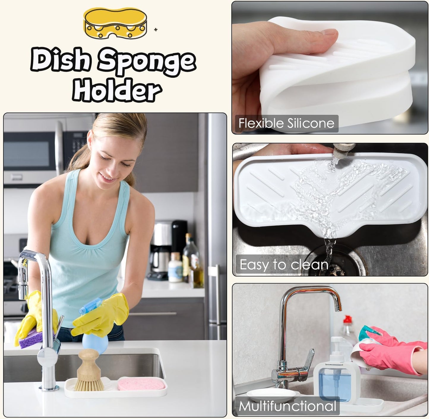 Silicone Bathroom Soap Dishes, Sponge Holder for Kitchen Sink, Shower Soap Holder with Drain, Soap Dispenser Tray, Soap Dish for Bottle, Cup, Sink or Counter Organizer - White 9" x 3.15"