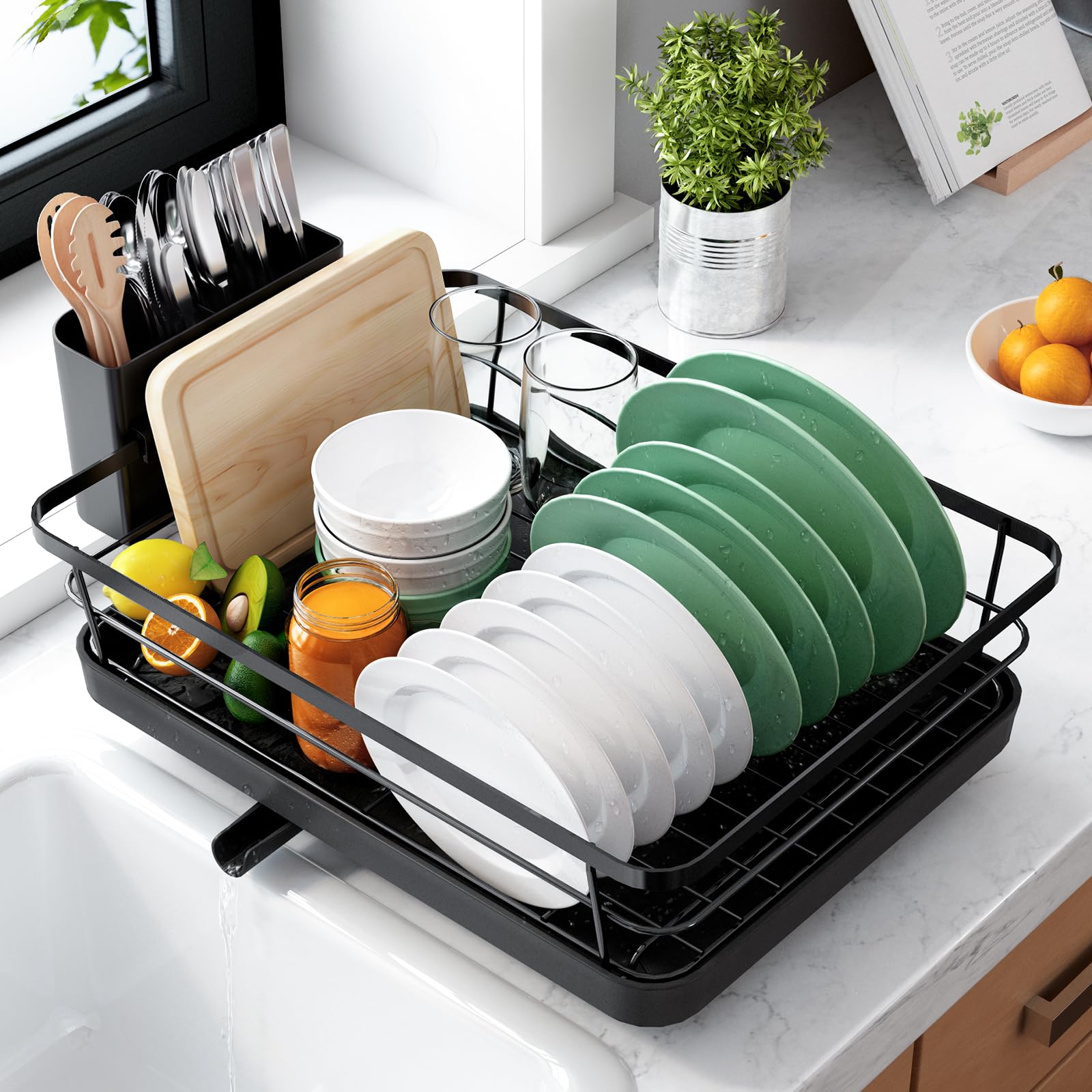 Kitsure Dish Drying Rack for Kitchen Counter, 12''W x 15.5''L, Black