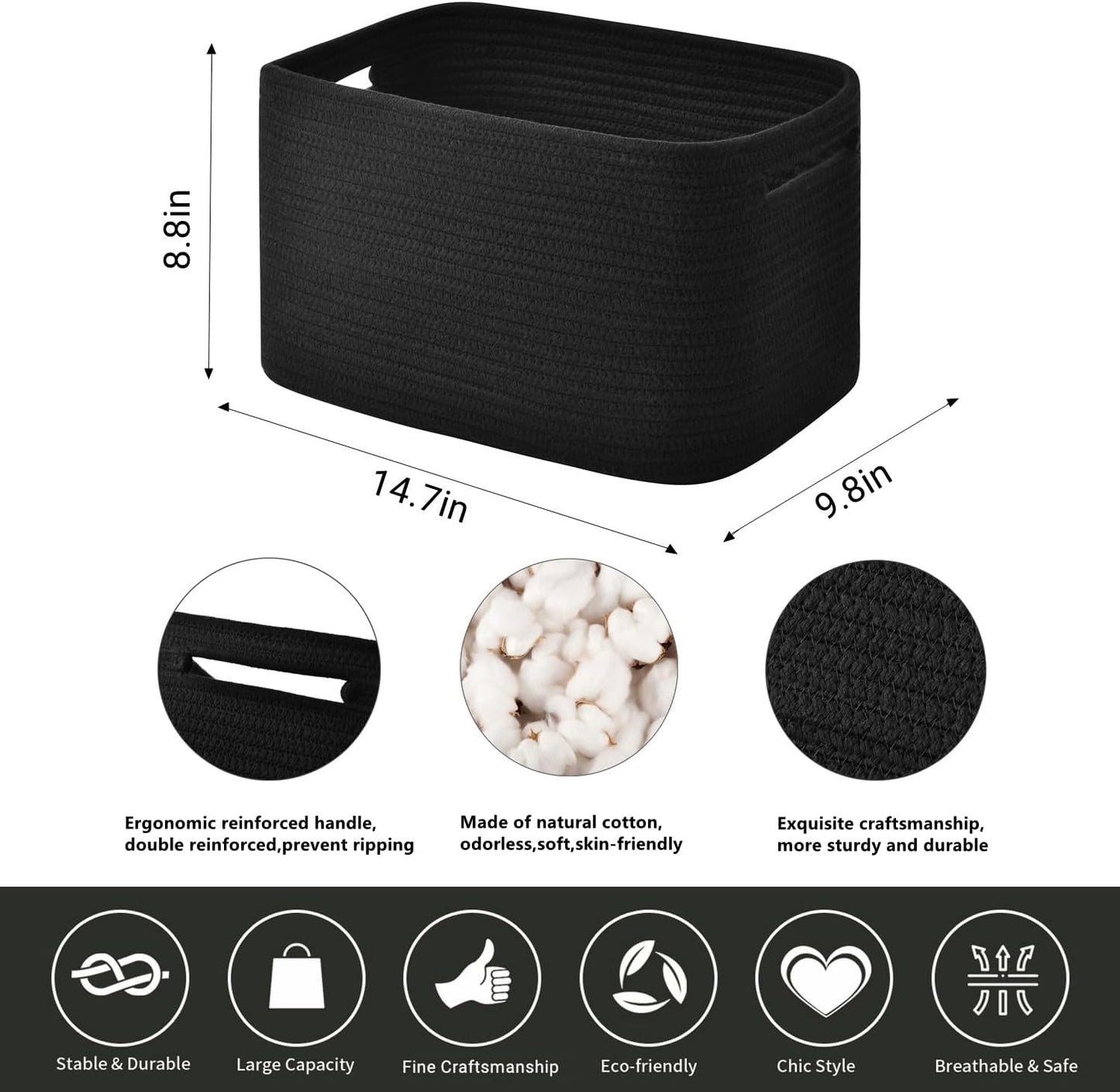 Storage Basket,Woven Baskets for Storage,Cotton Rope Baskets for Organizing,decorative Baskets for Shelves,book Basket,towel Basket,Toy Basket or Storage Bins for Living Room - 3 Pack,Black