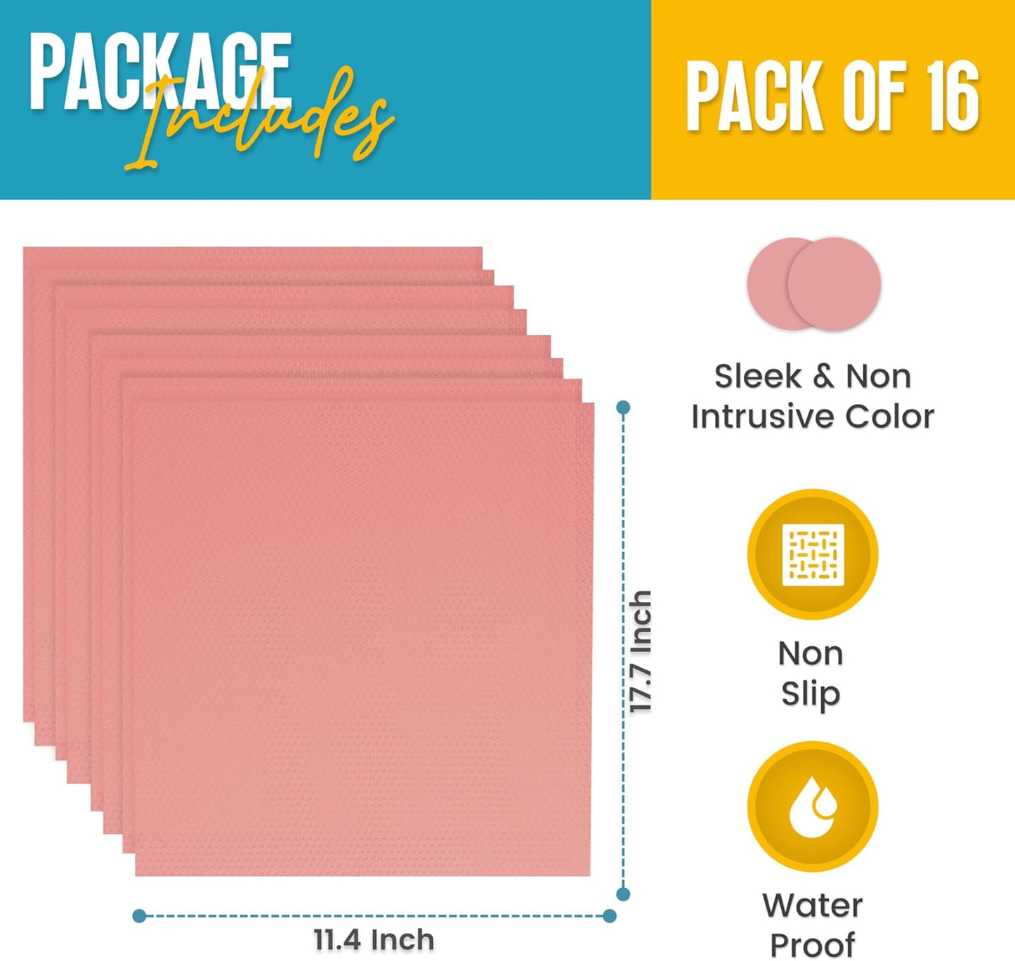 Refrigerator Liners for Shelves (16 Pack) by Linda’s Essentials - Non-Adhesive Shelf or Drawer Liner, BPA-Free Fridge Mats for Kitchen & Cabinets, Easy to Clean, Ideal Household Essentials (Pink)