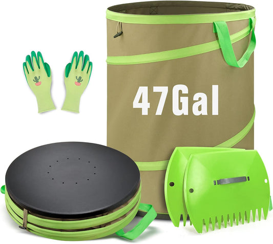 Colwelt Collapsible Garden Bag 47Gallon, Collapsible Leaf Bags with Hard Bottom, Heavy Duty Yard Waste Bag Leaf Bin, Leaf Pop up Trash Can (come with Leaf Scoop, Garden Gloves)