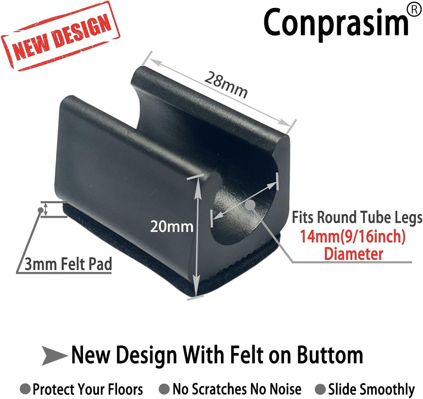 Rectangle U Shaped Chair Leg Tips Caps with Felt Pads,Furniture Feet Protector Slide Smoothly Glides No Scratches No Noise Protect Hardwood Floor,Fit 14mm(9/16inch) Diameter Tubular Leg (Black 8PCS)