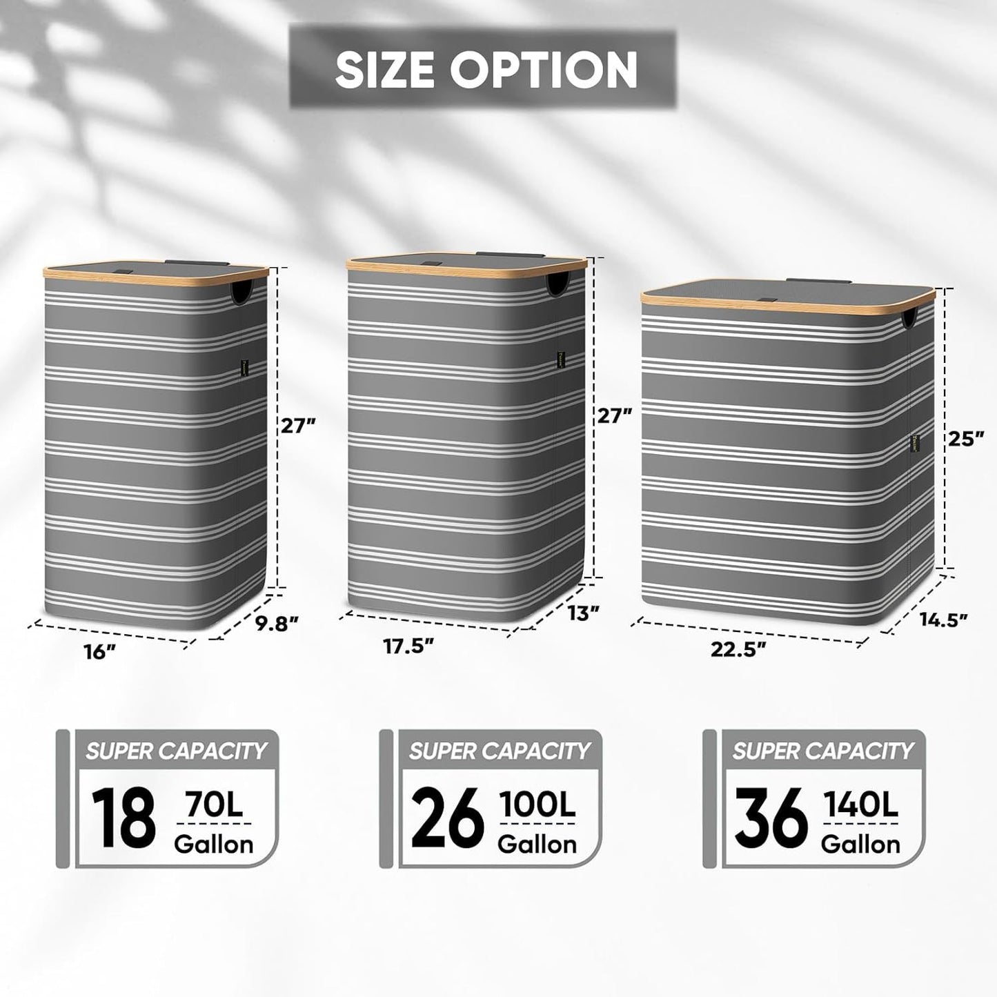 BALEINE Laundry Hamper with Lid, Tall Laundry Baskets with Bamboo Pull Handles, Large Laundry Bin with Internal Support (26 Gal/100L, Grey Pinstripe)
