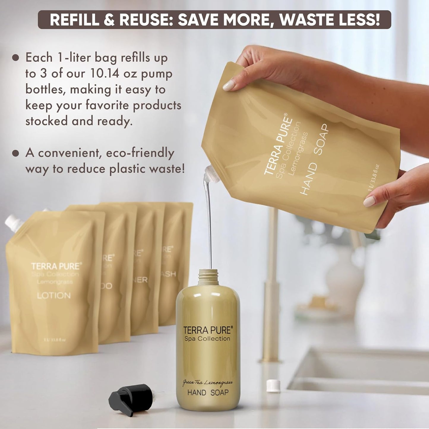 Terra Pure Spa Collection 1 Liter Hand Wash Refill Bag For Soap Dispensers | Bulk Toiletries for Vacation Rentals, and Home Bathroom Showers | Green Tea Lemongrass | Single