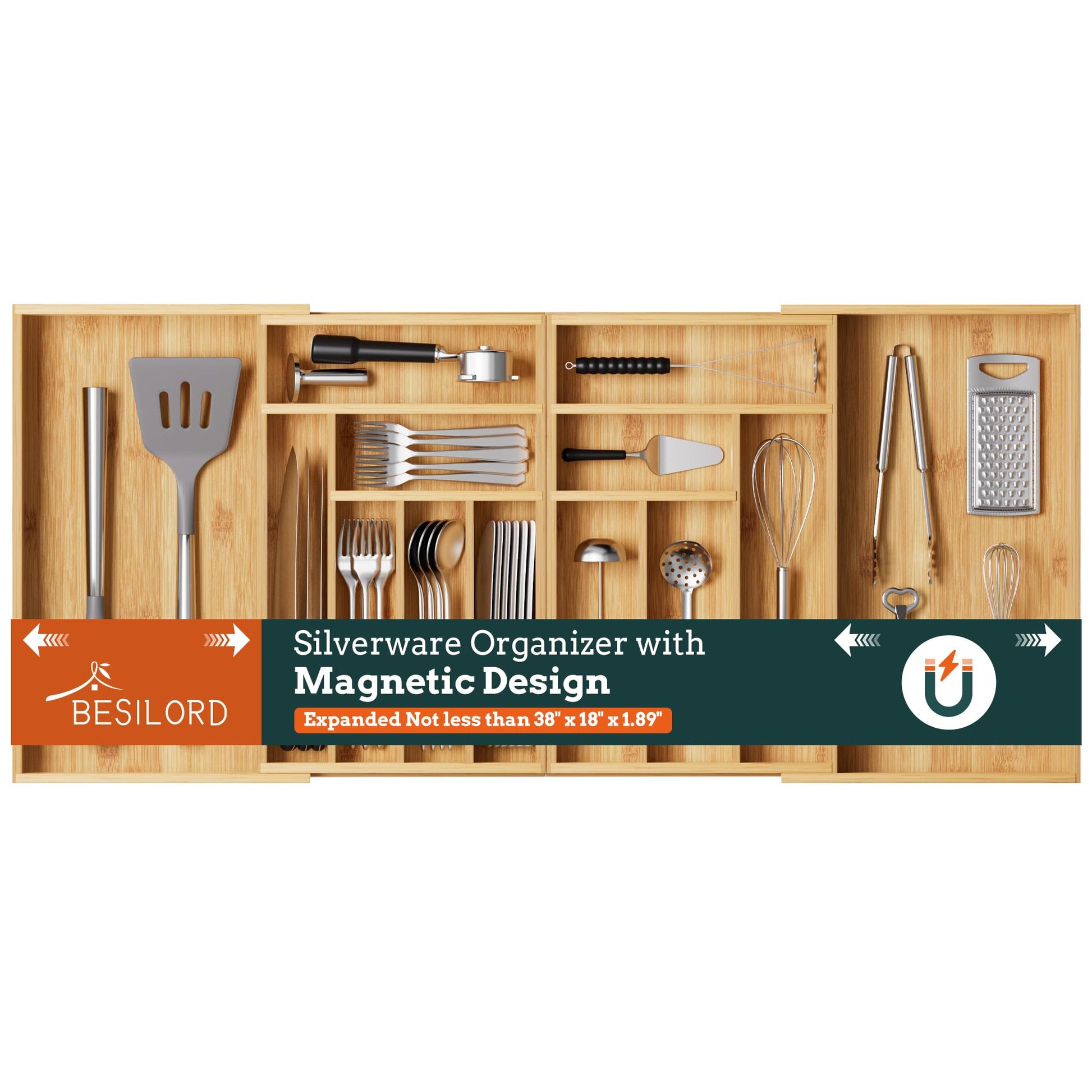 Silverware Organizer Large, Magnetic Connected Expandable 13 Slots Silverware Drawer Organizer From