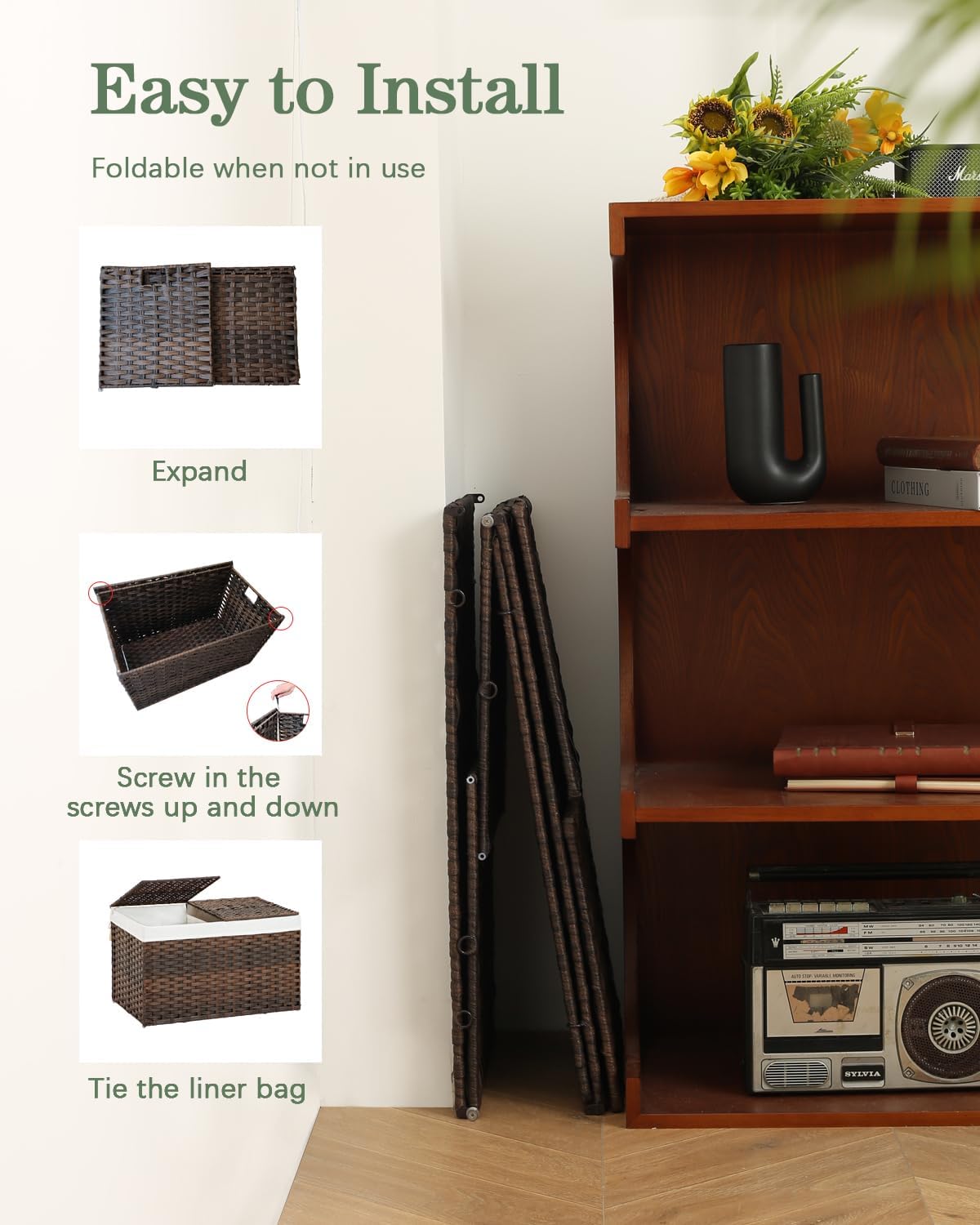 Storage Basket with Lid Wicker Baskets for Storage with 2 Separate Lid 42.3 Gallon (160 L) 29.9 x 17.3 x 18.1 Inches Rattan Woven Large Wicker Basket with 2 Liners for Bedroom Laundry Brown