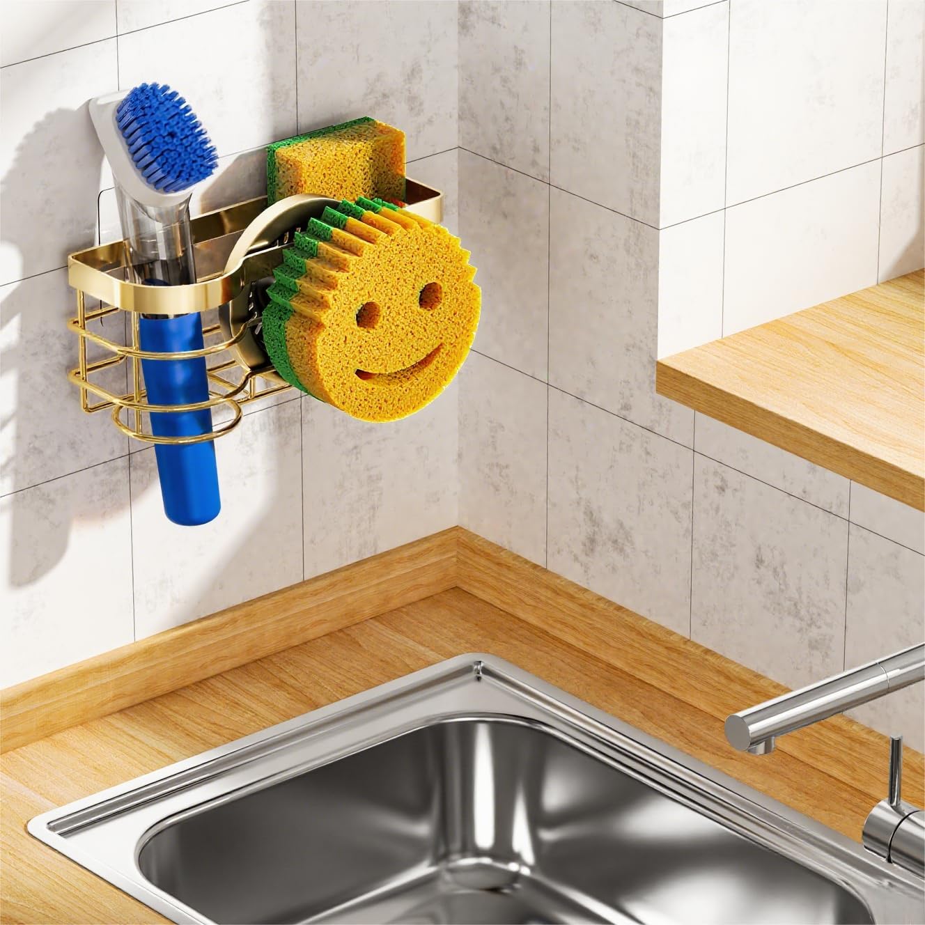 Cisily Gold Smiley Sponge Holder for Kitchen Sink Caddy, Stainless Steel Movable Brush Holder Dish Cloth Hanger, Suction Cup Sink Organizer Scrubbe