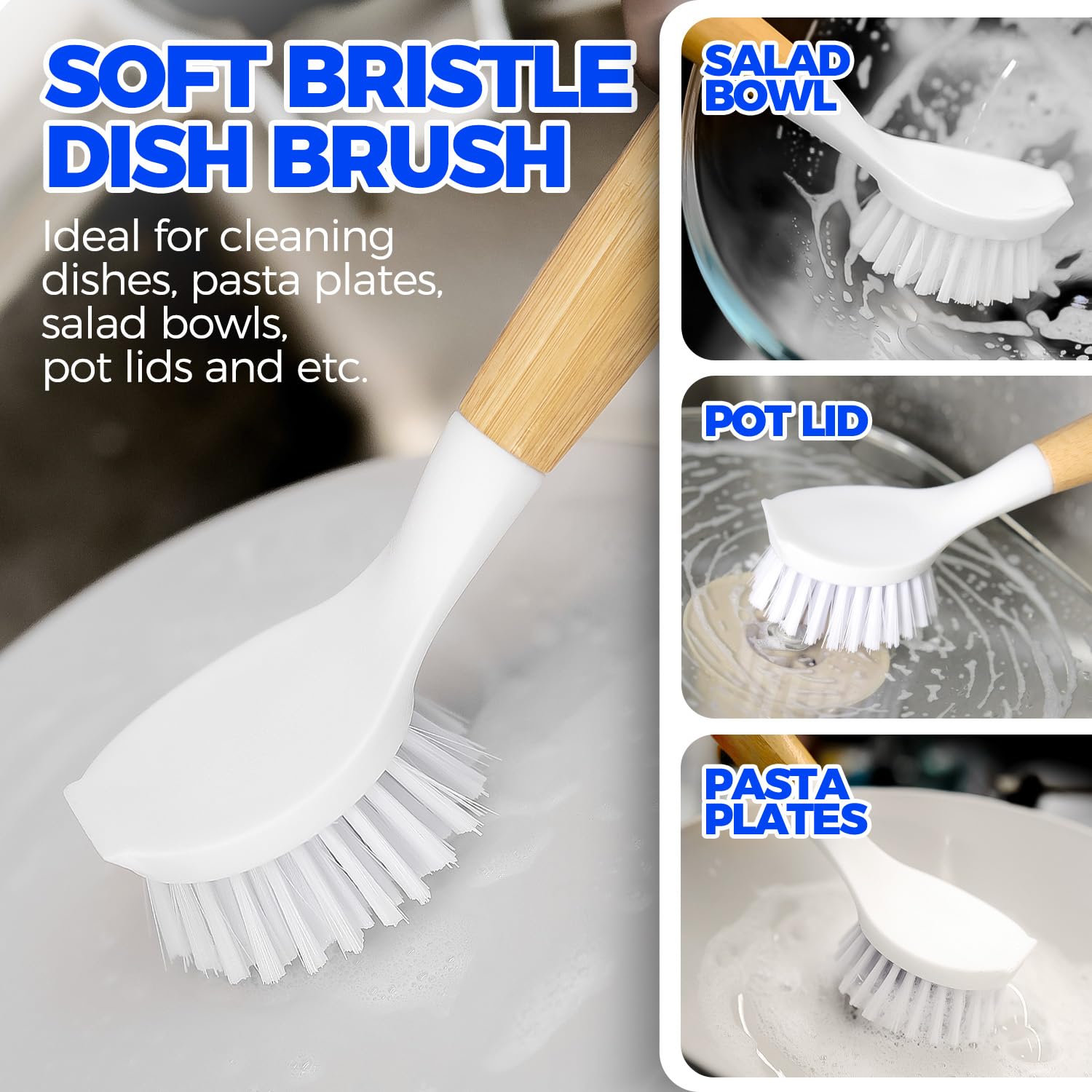 Holikme 3 Pack Dish Brush with Bamboo Handle Cleaning Brush,White Black