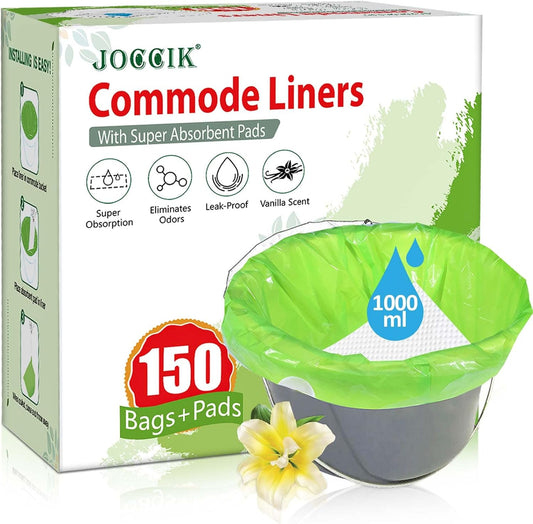 Bedside Commode Liners, 150 Bags + 150 Pads for Bedside Toilet Chair Bucket, Super Absorbent, Unscented, Leak-Proof, Universal Size