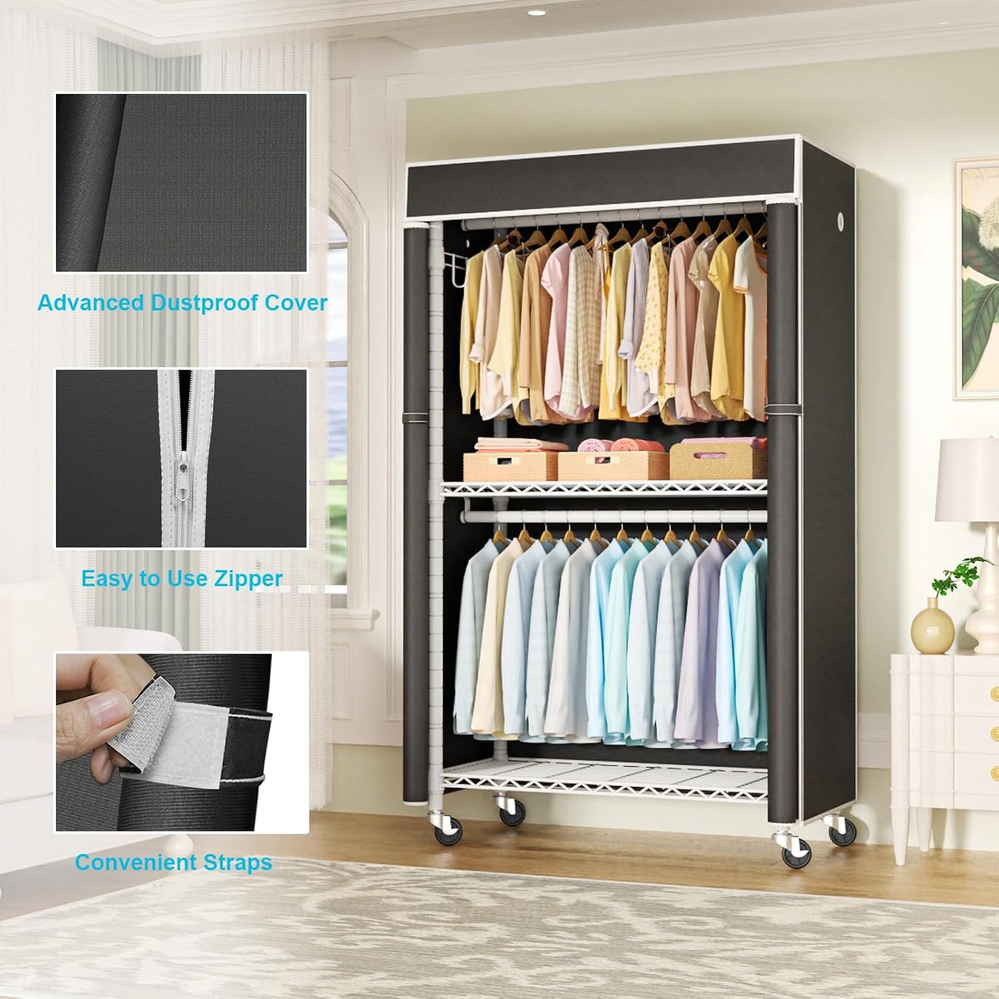 FUTASSI White Clothing Rack with Black Cover, P1C Rolling Closets with Wheels, Metal Garment Rack for Hanging Clothes, Clothing Storage Wardrobe, 36.2" W x 16.5" D x 80.5" H, Load 450 Pounds