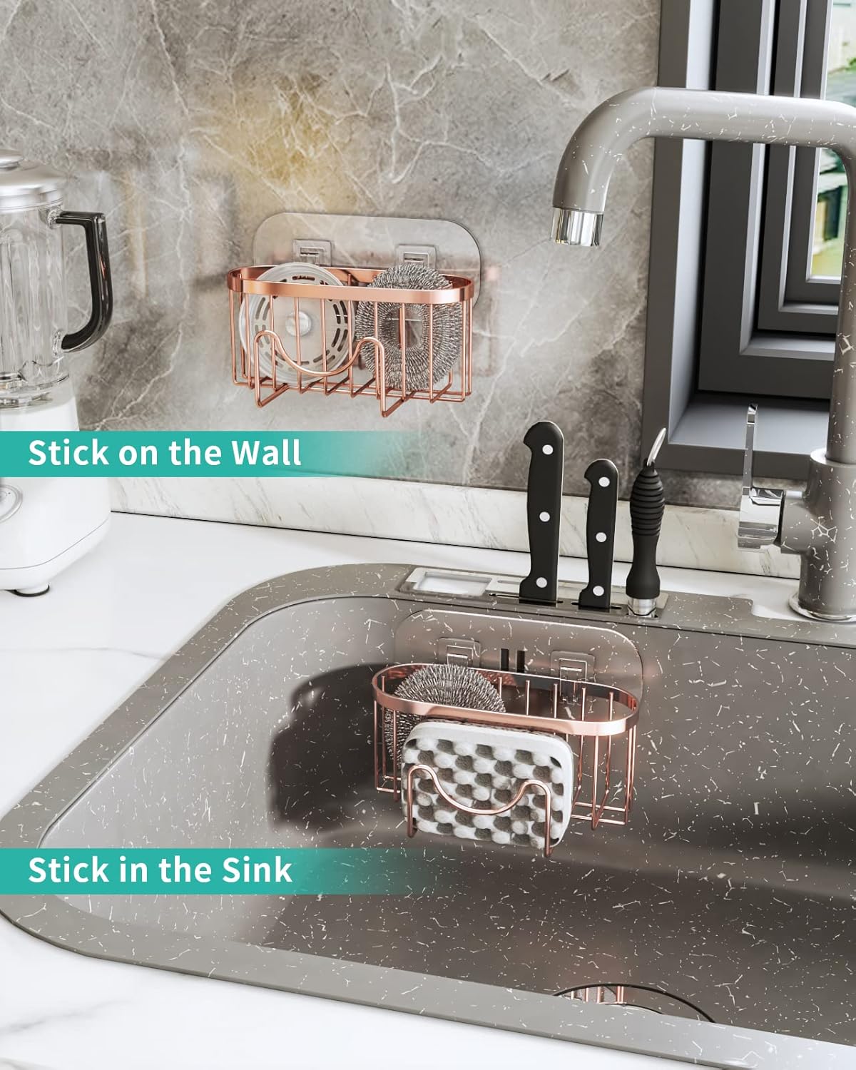 HapiRm Multifunctional Sink Sponge Holder with Unique M-Shaped, 2 Installation Ways Kitchen Sink Caddy, Stainless Steel Kitchen Organizer for Sponge, Brush and Scraper - Rose Gold