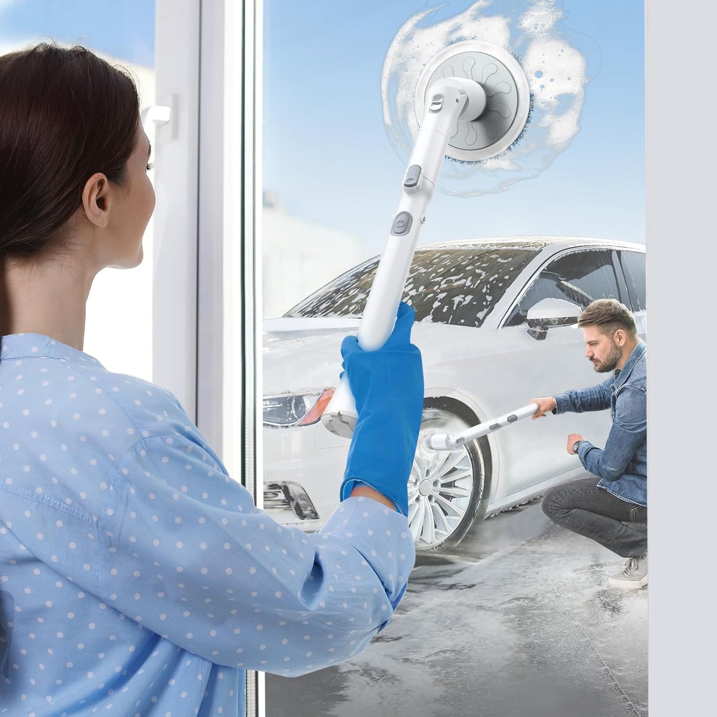 LABIGO Electric Spin Scrubber LA3 Pro, Cordless Bathroom Scrubber with 5 Replacement Head, 3 Adjustable Angle, Household Power Cleaning Brush with Extension Arm for Bathtub Window Car Grout Tile Floor