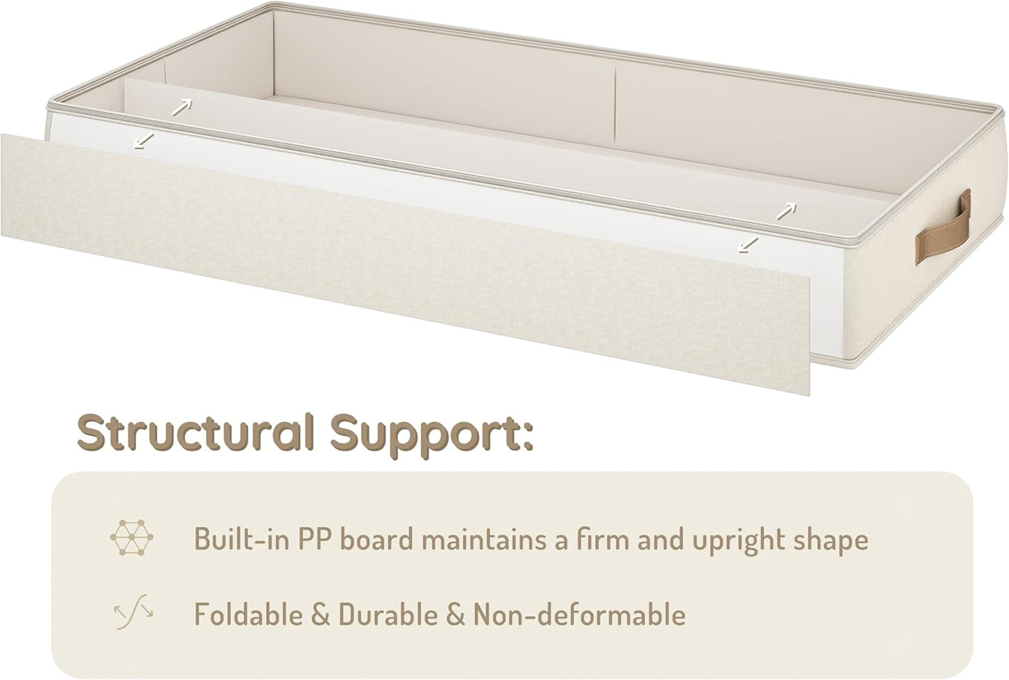 Vailando Under Bed Storage Containers, Foldable Storage Bins for Blankets, Comforter, and Seasonal Clothing, 6 Inches Tall, Beige with Brown Leather Handles, 2-Pack