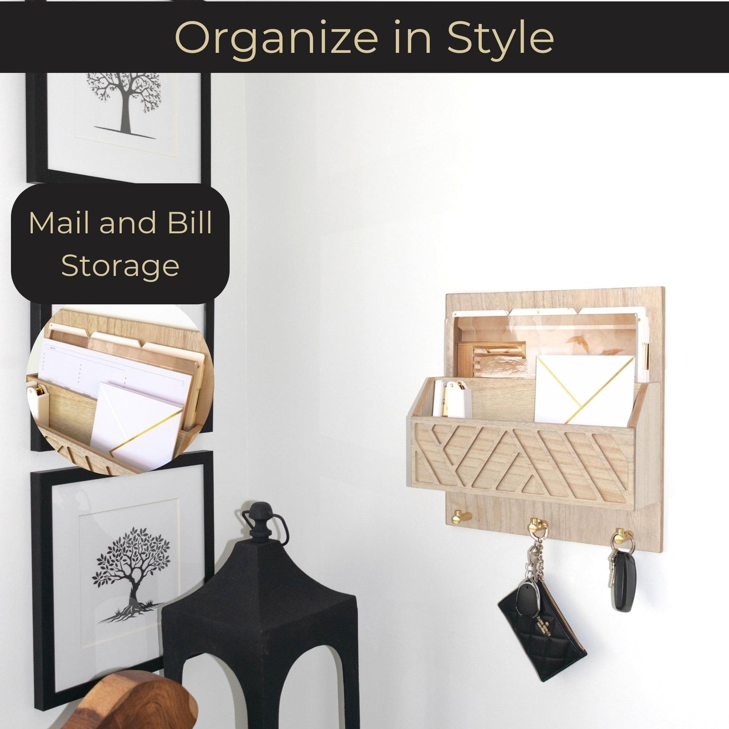 BLU MONACO Wall-Mounted Mail and Key Holder – Natural Wood 2-Tier Letter Organizer with 3 Hooks |