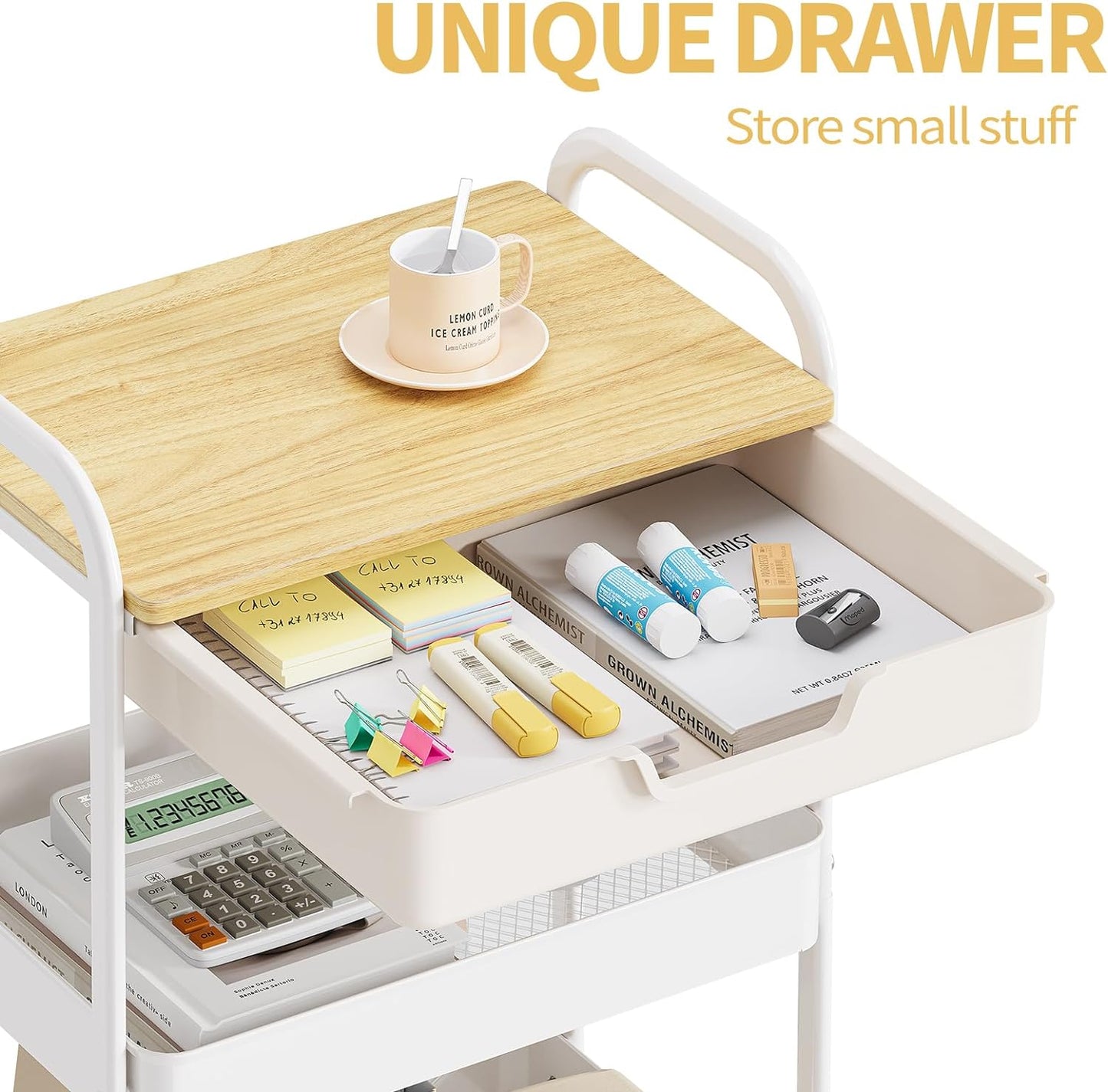 TOOLF 3-Tier Metal Utility Rolling Cart with Drawer and Wooden Table Top, Storage Cart White Trolley Kitchen Organizer Rolling Desk with Locking Wheels for Office, Classroom, Home, Bedroom