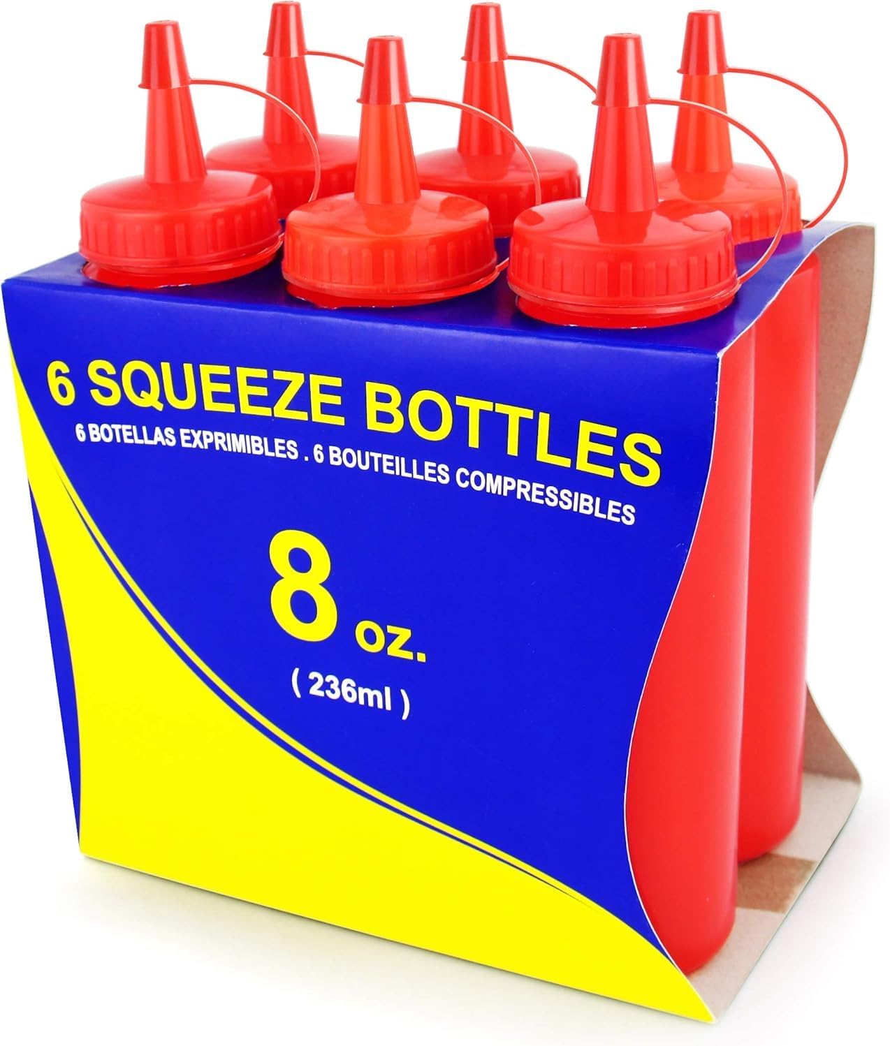 New Star Foodservice 26283 Squeeze Bottles, Plastic, 8 oz, Red, Pack of 6