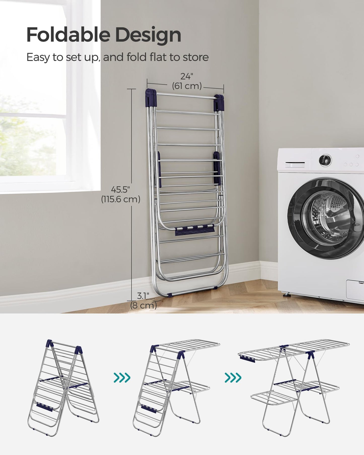 SONGMICS Clothes Drying Rack, Foldable 2-Level Laundry Drying Rack, Free-Standing Laundry Airer