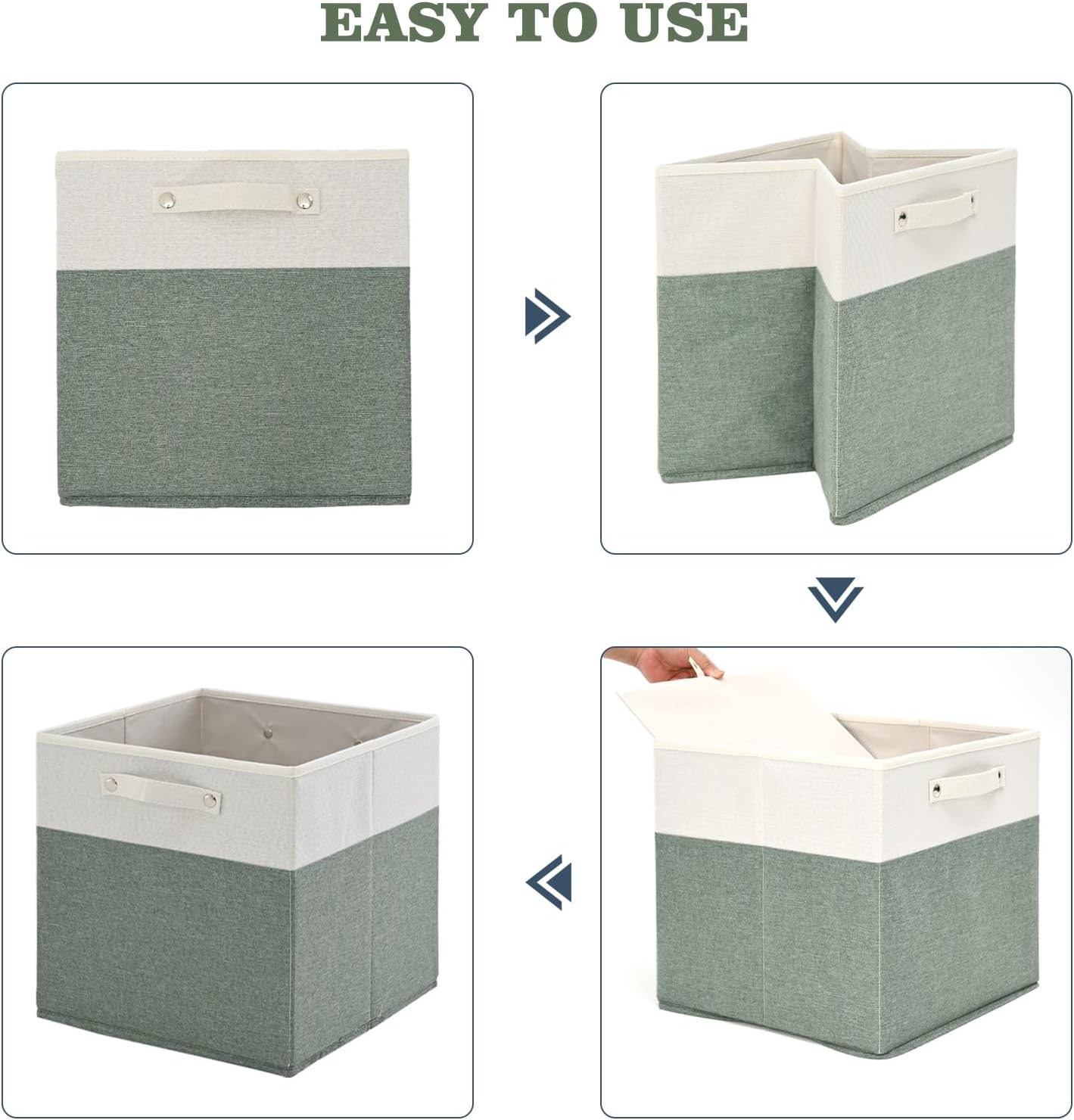 13 x 13 Inch Fine Linen Storage Bins with Handles，Fabric Cube Boxs，Collapsible Basket Organizers for Shelves for Home, Closet Drawers (White/Green-4 Pack )