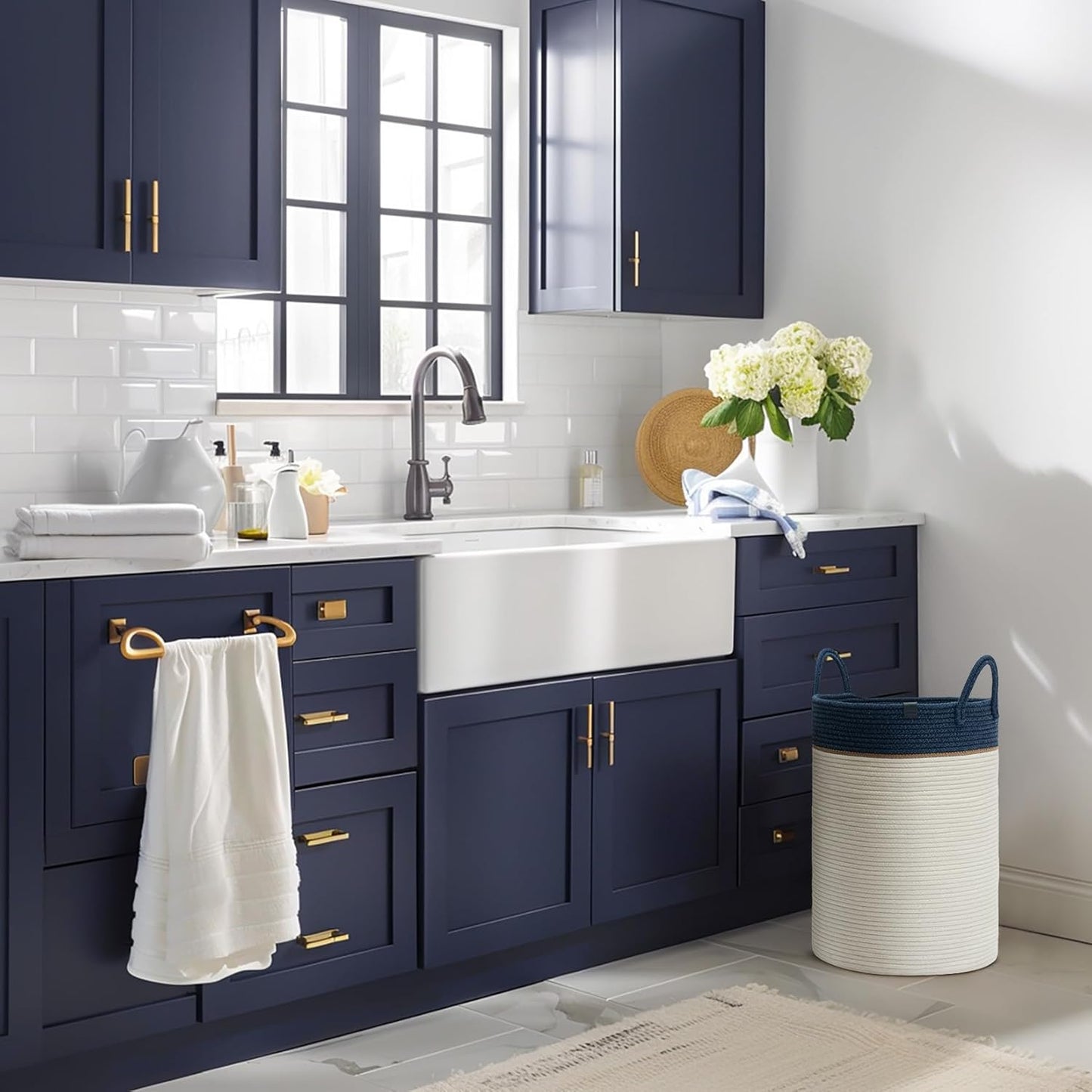 LA JOLIE MUSE Woven Basket Rope Storage Baskets - Large Cotton Organizer, Basket for Baby Blanket, Kids Toy Nursery Laundry Basket Navy Blue XL