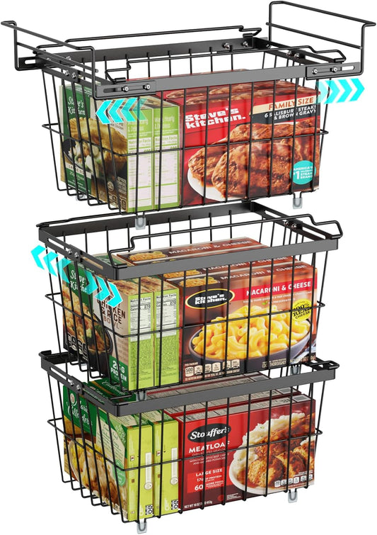 iSPECLE Freezer Organizer Bins - 1 Pc Hanging Basket & 2 Pcs Adjustable Wider & Deeper Chest Freezer Organizer Bins for 5 to 9 Cu Ft, Extra Large & Easy Organize Stackable Basket Store More, Black