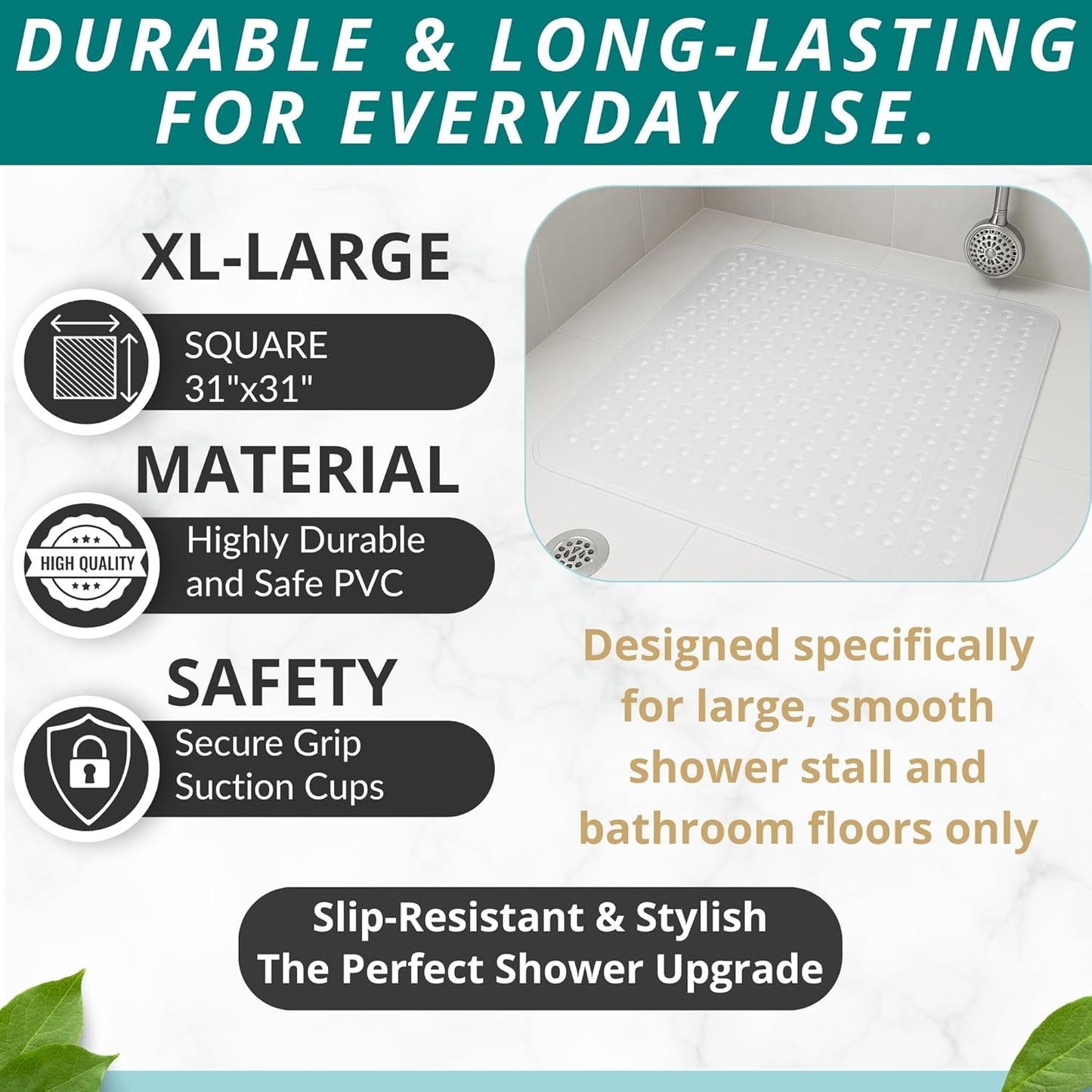 ENKOSI Extra Large Square Non Slip Shower Mat - 31 x 31-inch XL Bathroom Shower Mat - Square Shower Matts for Shower Stall Floors | Secure Suction Cups and Drain Holes (31x31 Clear)