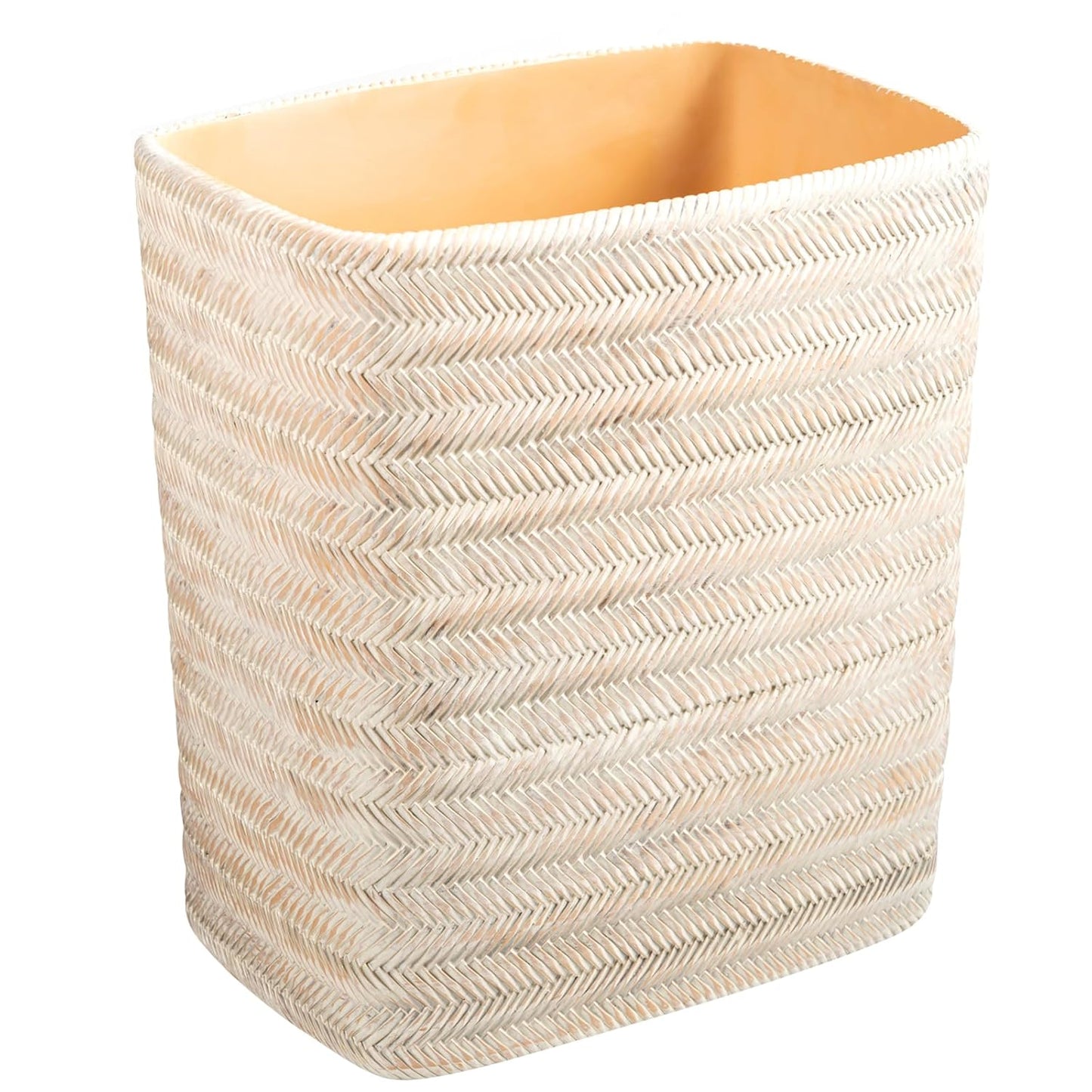 Polytree Bathroom Trash Can 1.8 Gallon Small Kitchen Garbage Can,Decor Wastebasket for Bedroom Office,Resin Hand-Carved Bamboo Wicker,Farmhouse White