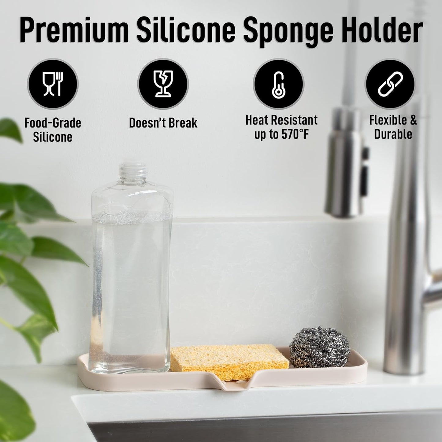 Zulay Large Silicone Sponge Holder (12x4) – Flexible Sink Organizer Tray for Kitchen & Bathroom – Multipurpose Soap Dish for Sponges, Makeup, Trinkets & More (Ivory)