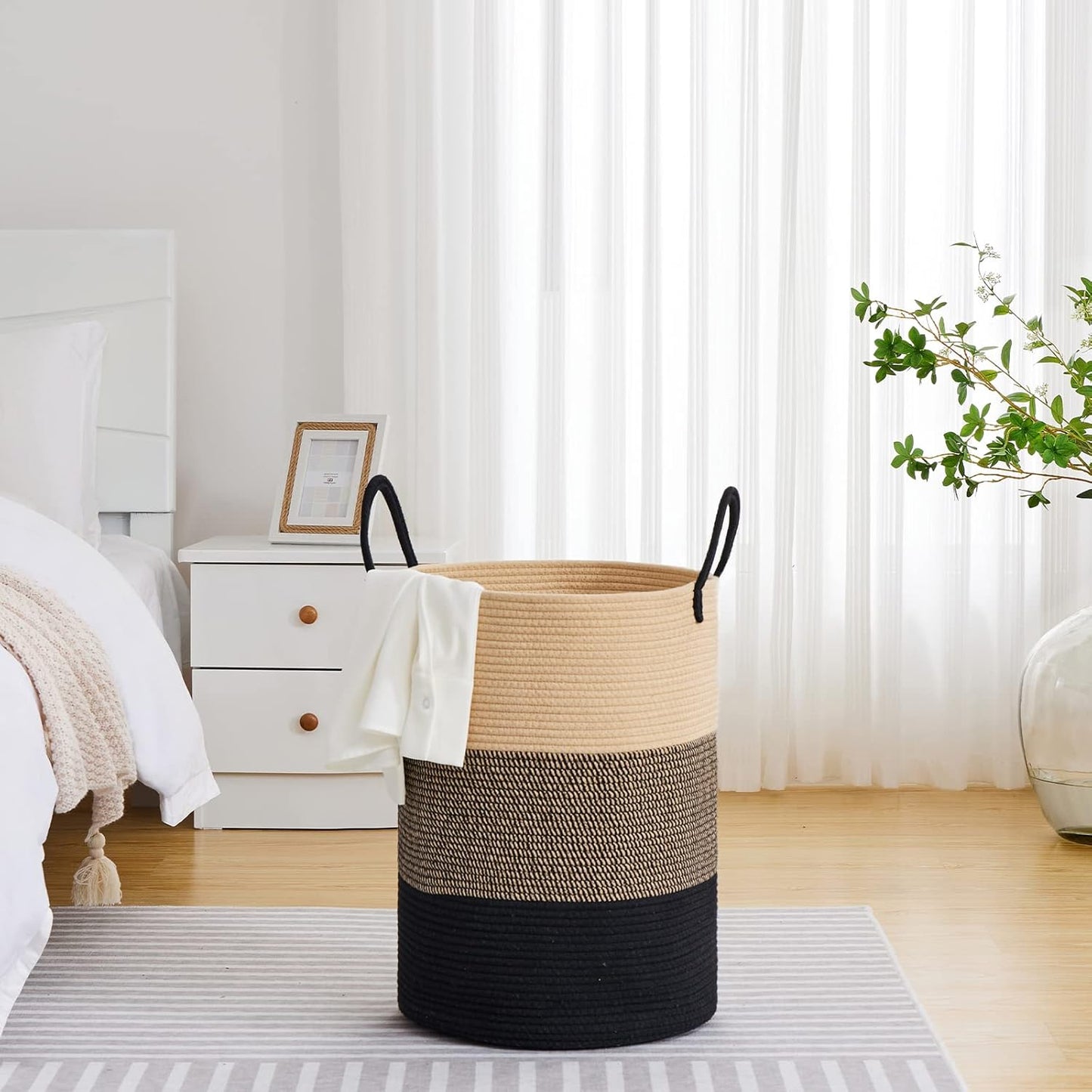 VIPOSCO Large Laundry Hamper, Tall Woven Rope Storage Basket for Blanket, Toys, Dirty Clothes in Living Room, Bathroom, Bedroom - 72L Brown & Black