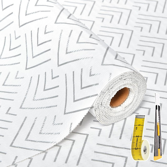 Shelf Liner for Kitchen Cabinets Non Adhesive Drawer Liner Non-Slip Thickened Shelf Liner Paper Strong Easy to Clean for Tool Box Refrigerator with Knife and Tape Measure,Silver Arrow,11.8 x 236.2 in