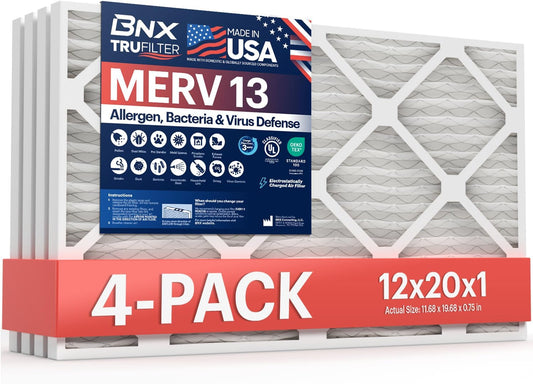 BNX TruFilter 12x20x1 Air Filter MERV 13 4-Pack) - MADE IN USA - Electrostatic Pleated Air