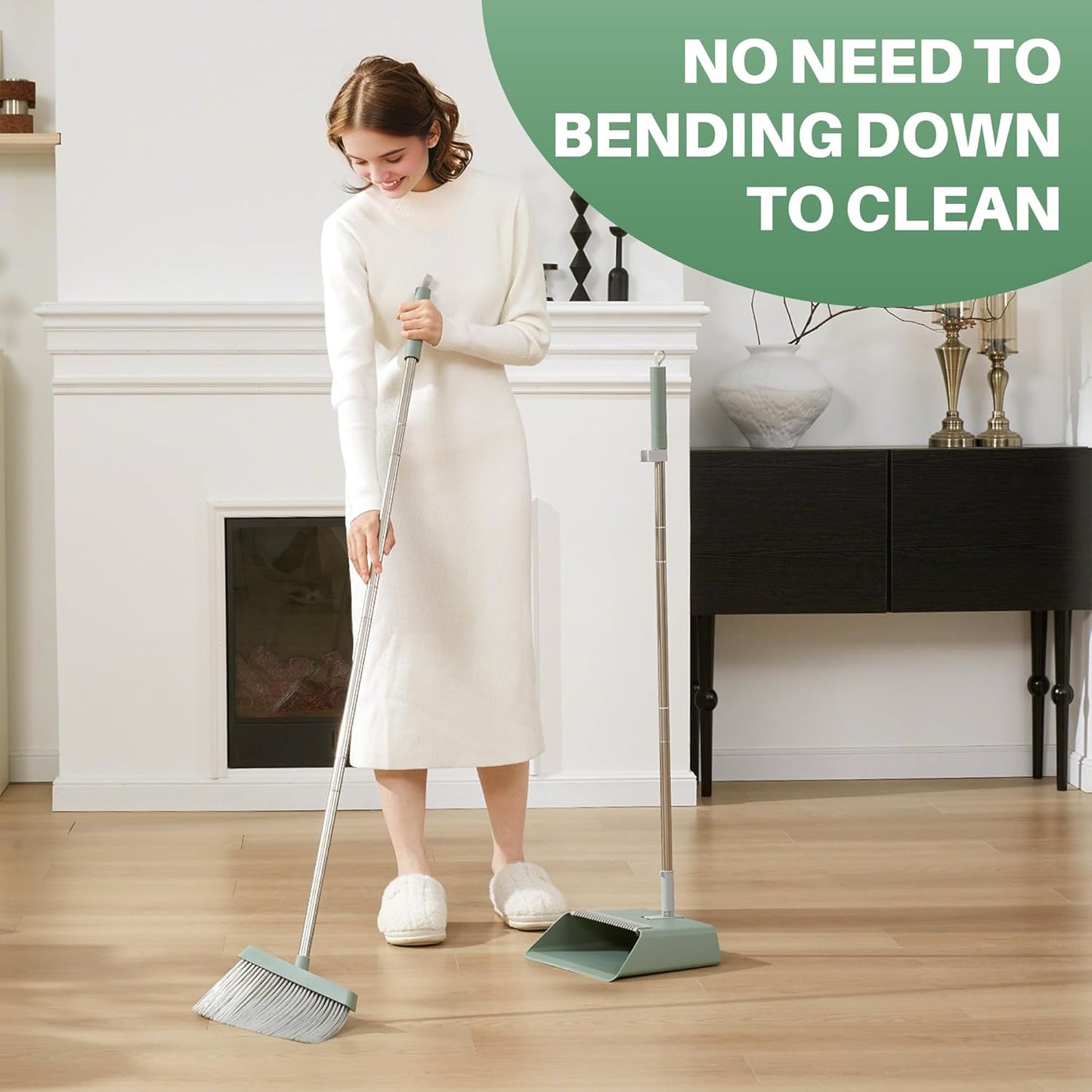 JOYMOOP Dark Teal Green Broom and Dustpan Set with 56” Handle, Upright Angle with Comb Teeth for Pet Hair and Hardwood Floors