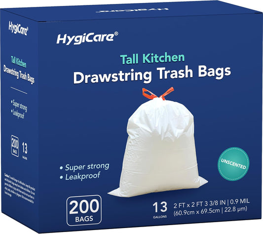 13 Gallon Tall Kichen Trash Bags, Unscented 200 Count Drawstring Garbage Bags, Pre-Separated, Ultra Strong, Leakproof, Sturdy, White