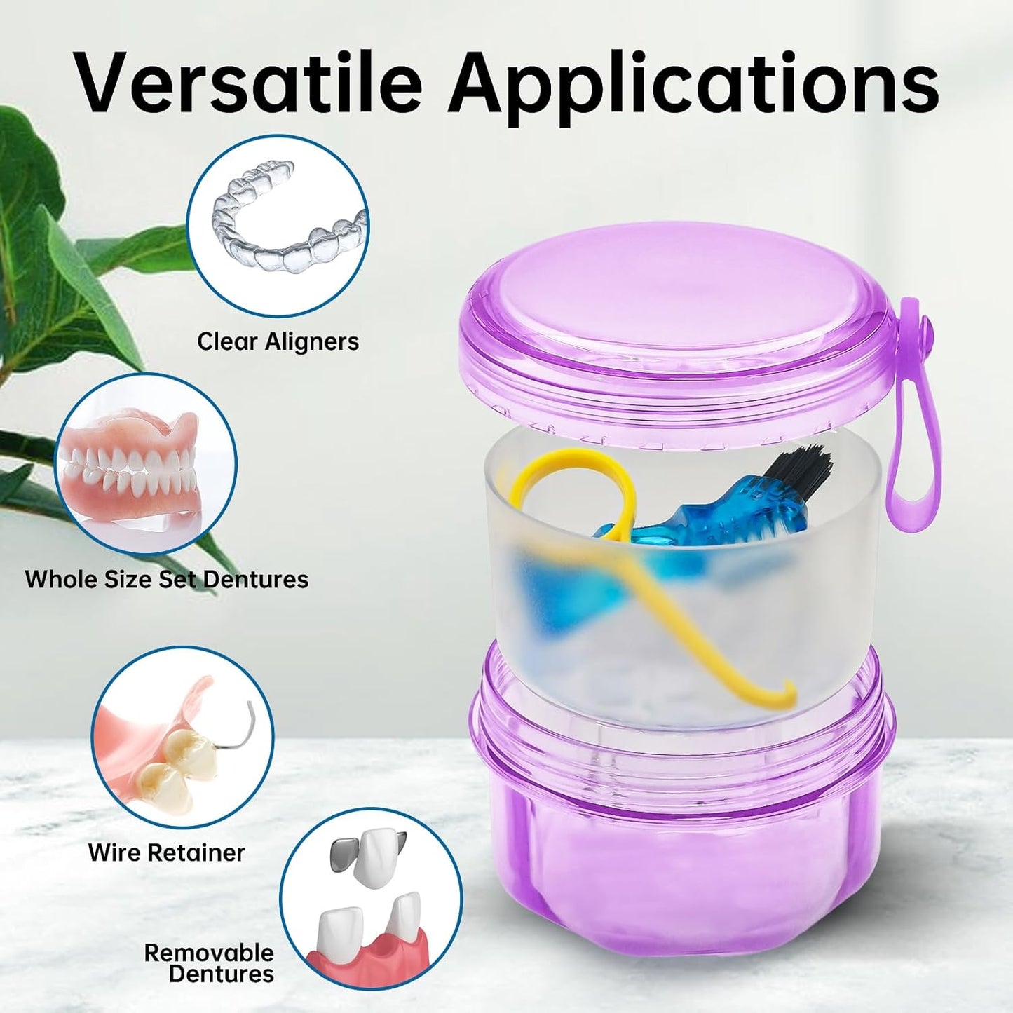 Leakproof Denture Case Purple Denture Soaking Cup False Teeth Container, Dental Denture Bath Holder Storage Box Retainer Cleaner Case for Traveling - Leak Proof and Lid Waterproof