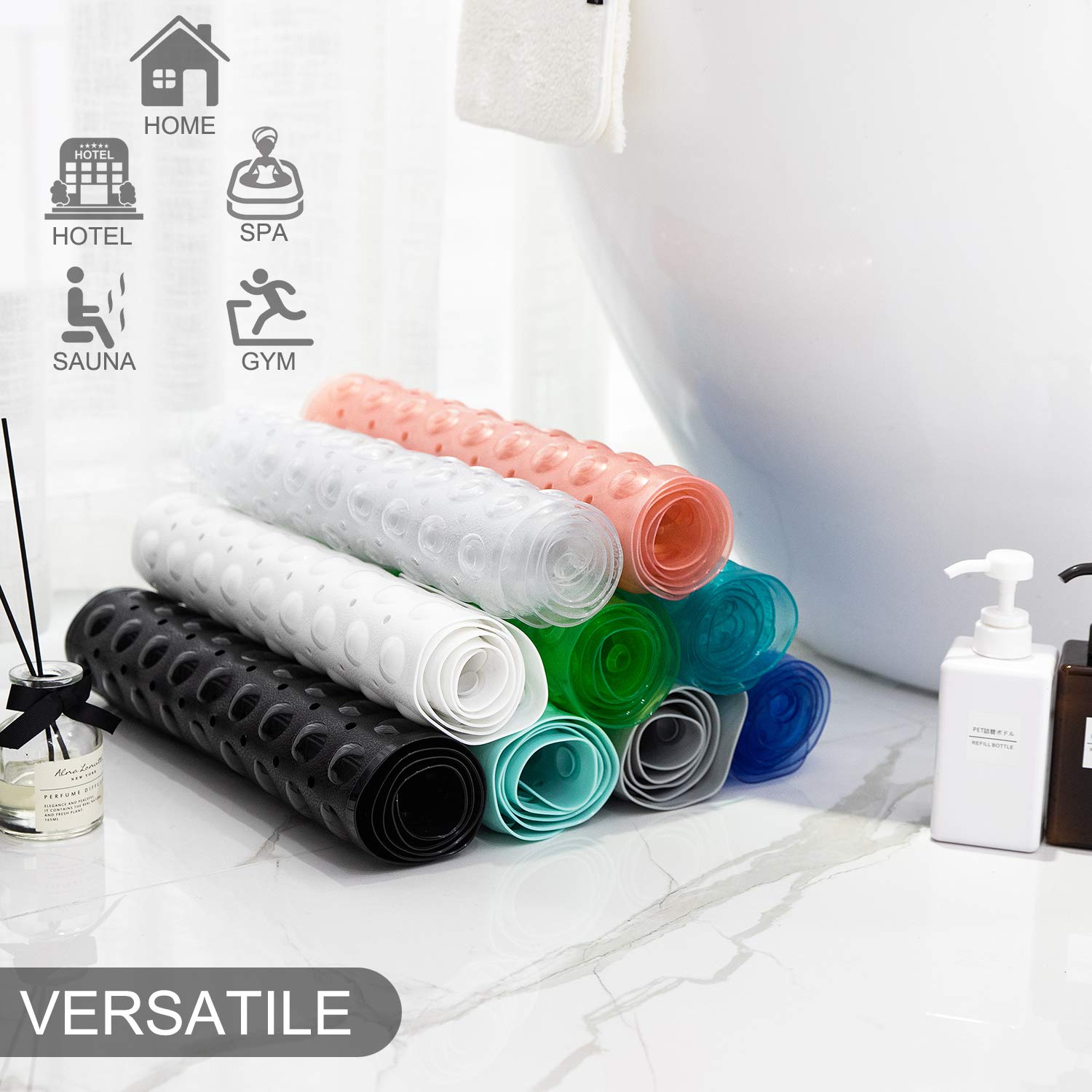 TEESHLY Bathtub Mats for Shower Tub, Extra Long Non-Slip 39 x 16 Inch Bath Mat with Drain Holes and