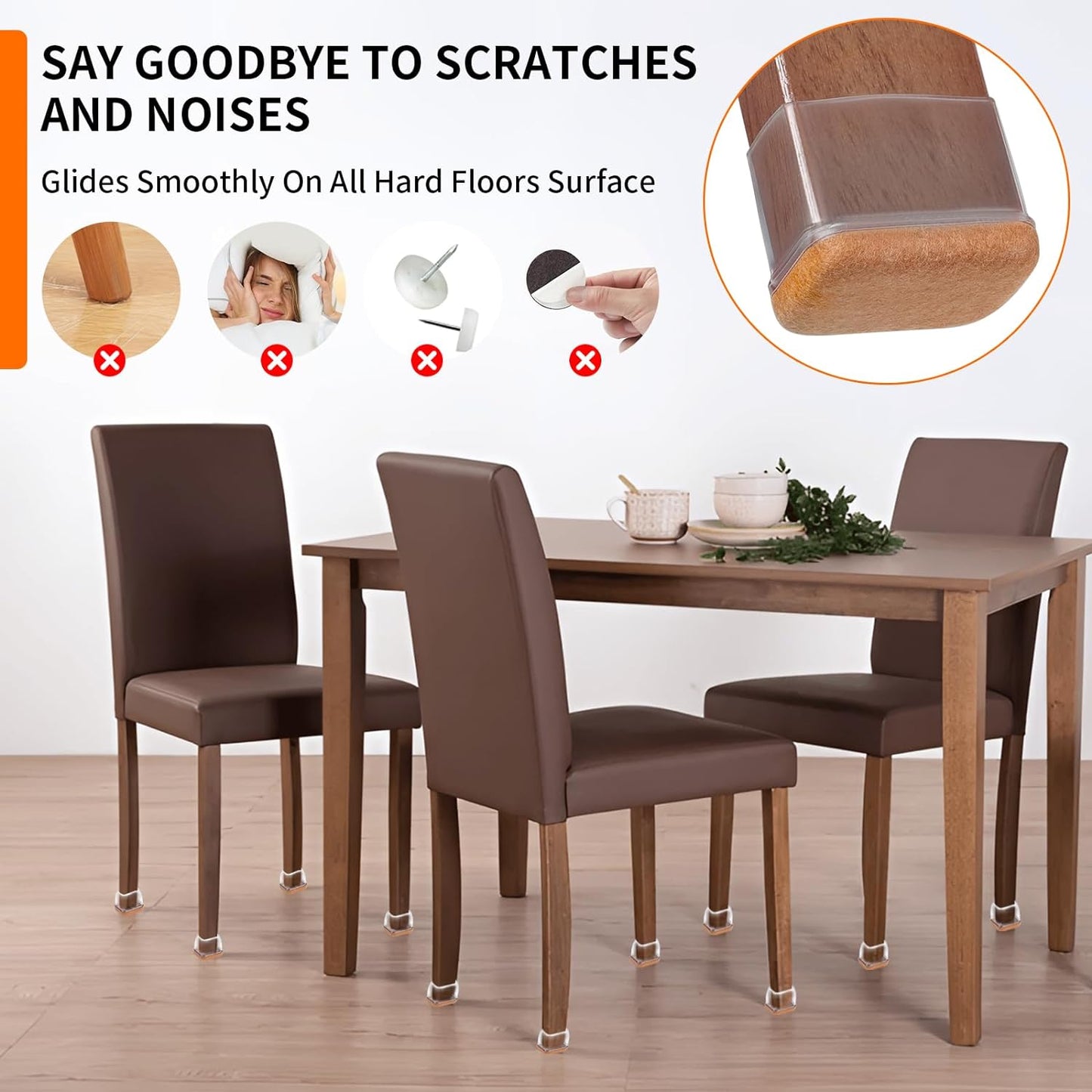 Ezprotekt 24 Pcs Rectangle Clear Silicone Chair Leg Floor Protectors Caps, Rectangle Felt Furniture Leg Pads Covers Cups for Chair Table -Anti-Scratches and No Noise (Fit L :1.3-1.7", W: 0.9-1.2")