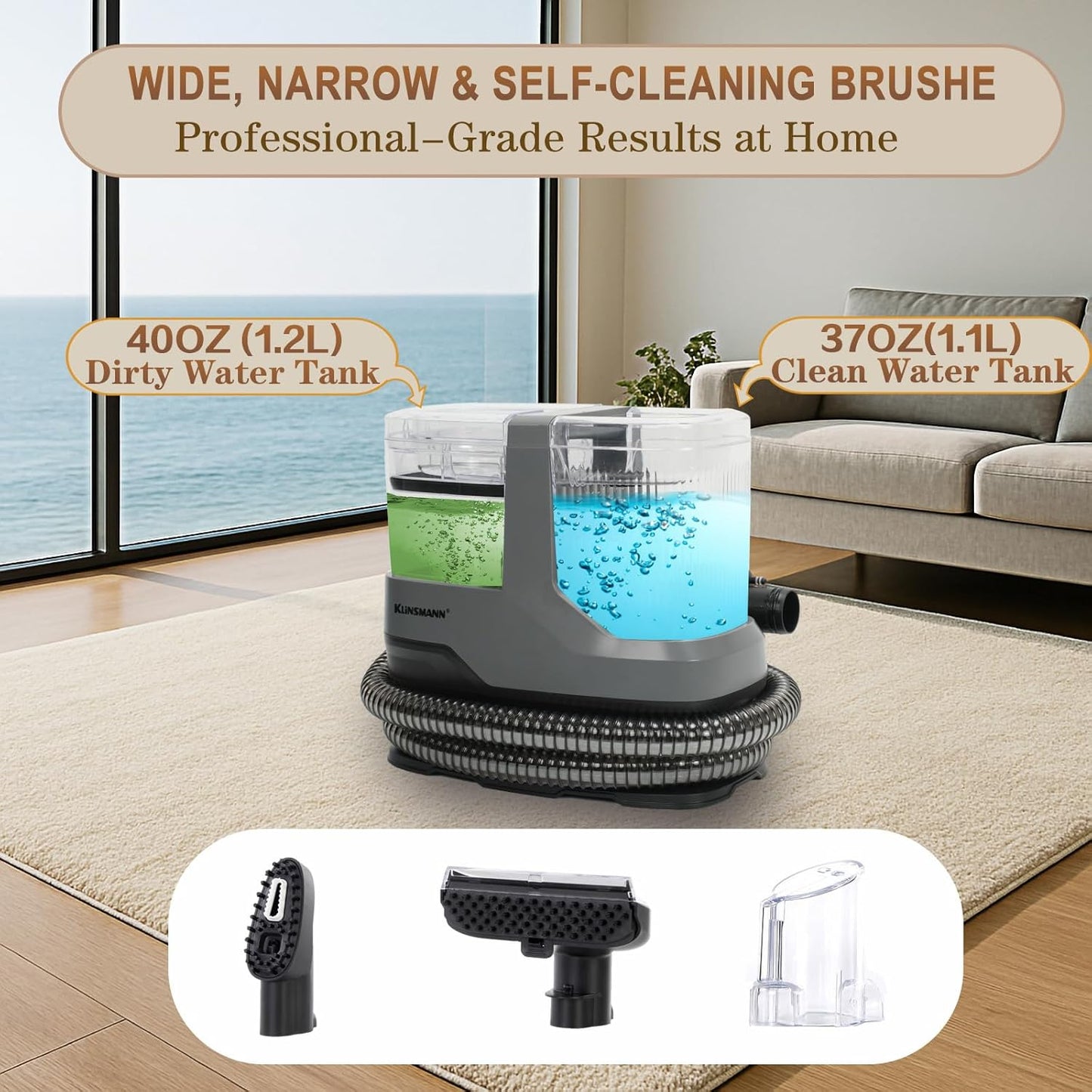 Portable Carpet and Upholstery Cleaner Machine, Deep Cleaning Carpet Shampooer and Multi-Stain Spot Cleaner for Pets, Sofa, Couch, Rug, Car Seat, Stairs & Furniture(Grey)