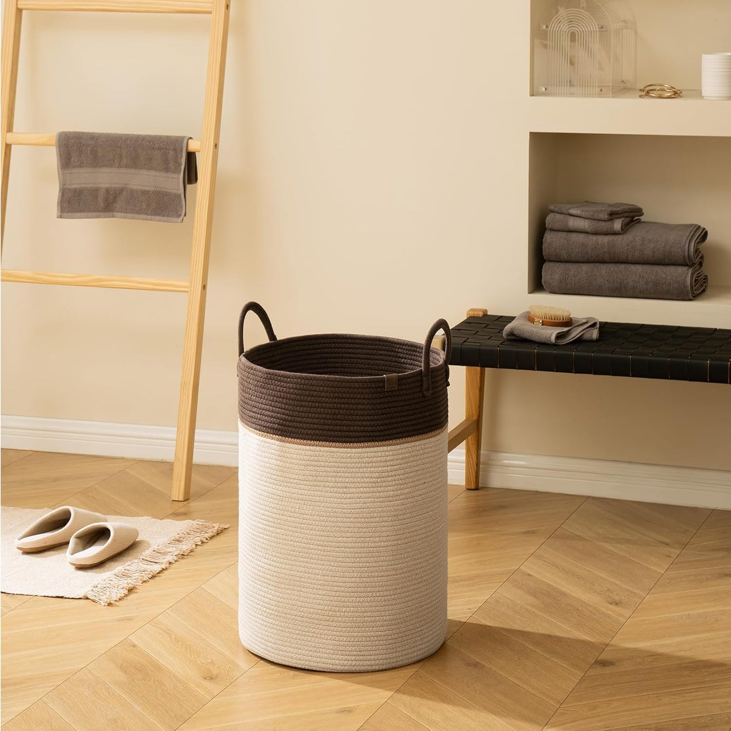 LA JOLIE MUSE Woven Basket Rope Storage Baskets - Tall Cotton Laundry Basket, Blanket, Kids Toy, Nursery Clothes Hamper, Oatmeal, 72 Litres