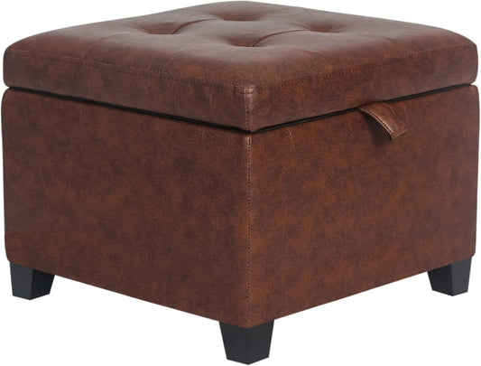 Adeco Faux Leather Storage Ottoman Bench with Wood Legs, 17.7" Square Red and Brown PU Cube Foot