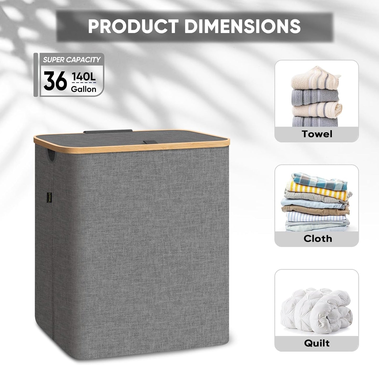 BALEINE Laundry Hamper with Lid, Tall Laundry Baskets with Bamboo Pull Handles, Large Laundry Bin with Internal Support (36 Gal/140L, Beige)