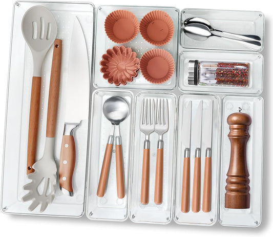 Criusia Utensil Drawer Organizer for Kitchen, 8 Pack Silverware Organizer Utensil Holder, Clear Plastic Drawer Dividers for Flatware, Cutlery, Kitchen Gadgets Accessories, Organizador de Cocina